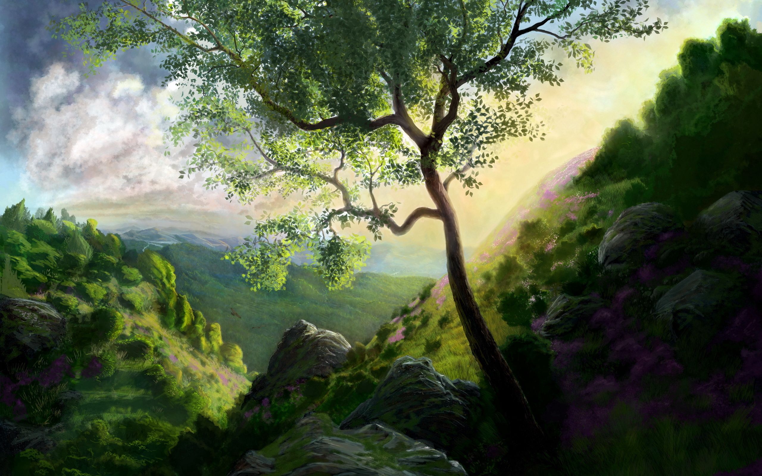 Download mobile wallpaper Art, Landscape, Nature, Mountains, Wood, Tree, Painting for free.