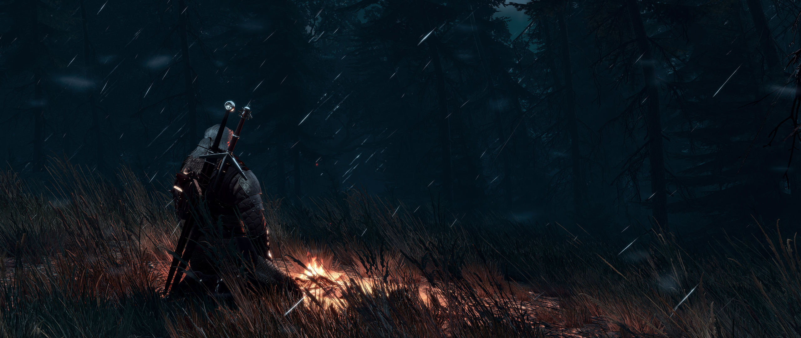 night, meditation, the witcher, video game, the witcher 3: wild hunt, bonfire, fire, geralt of rivia 4K Ultra