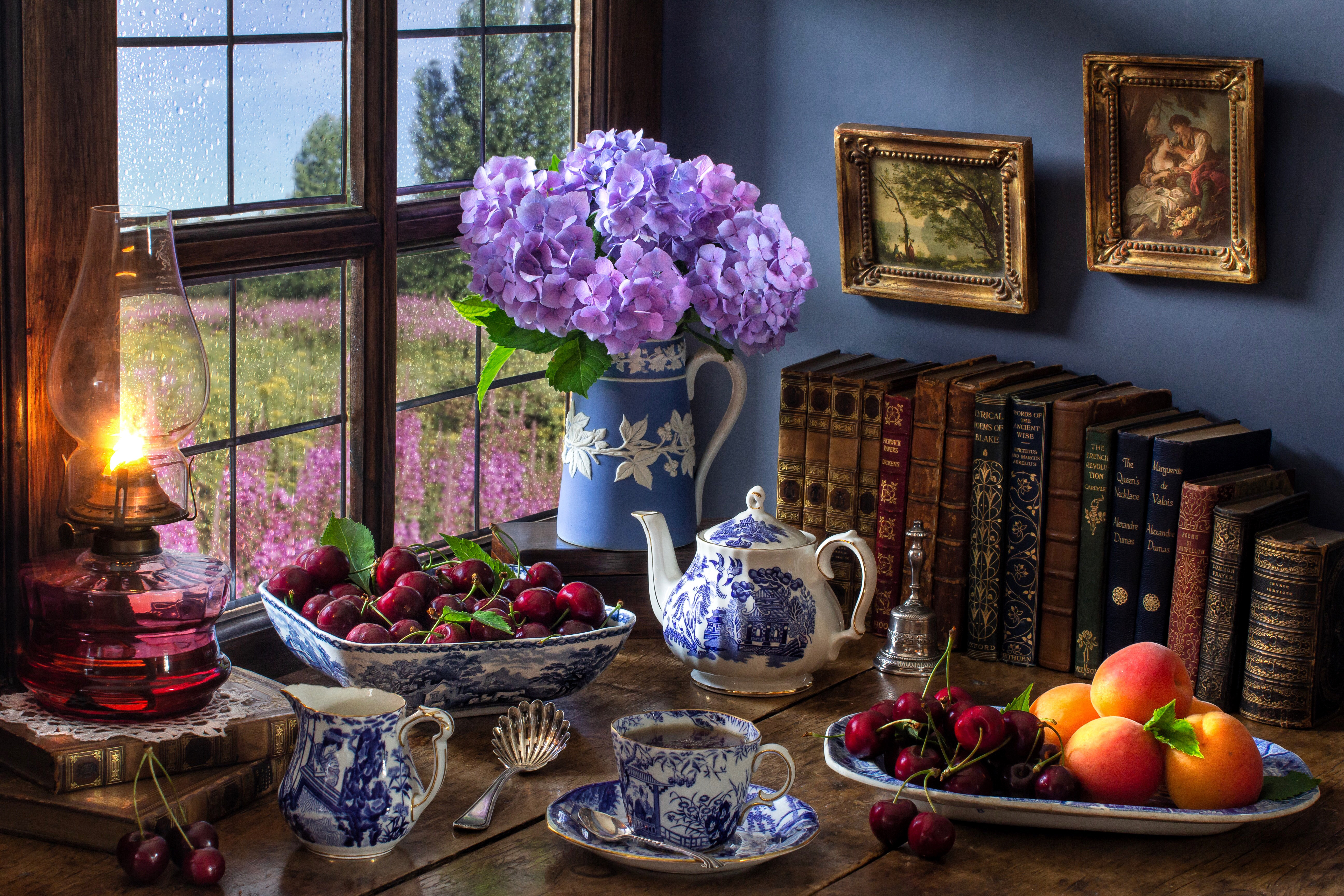 Mobile Wallpaper Book hydrangea, pitcher, fruit, still life