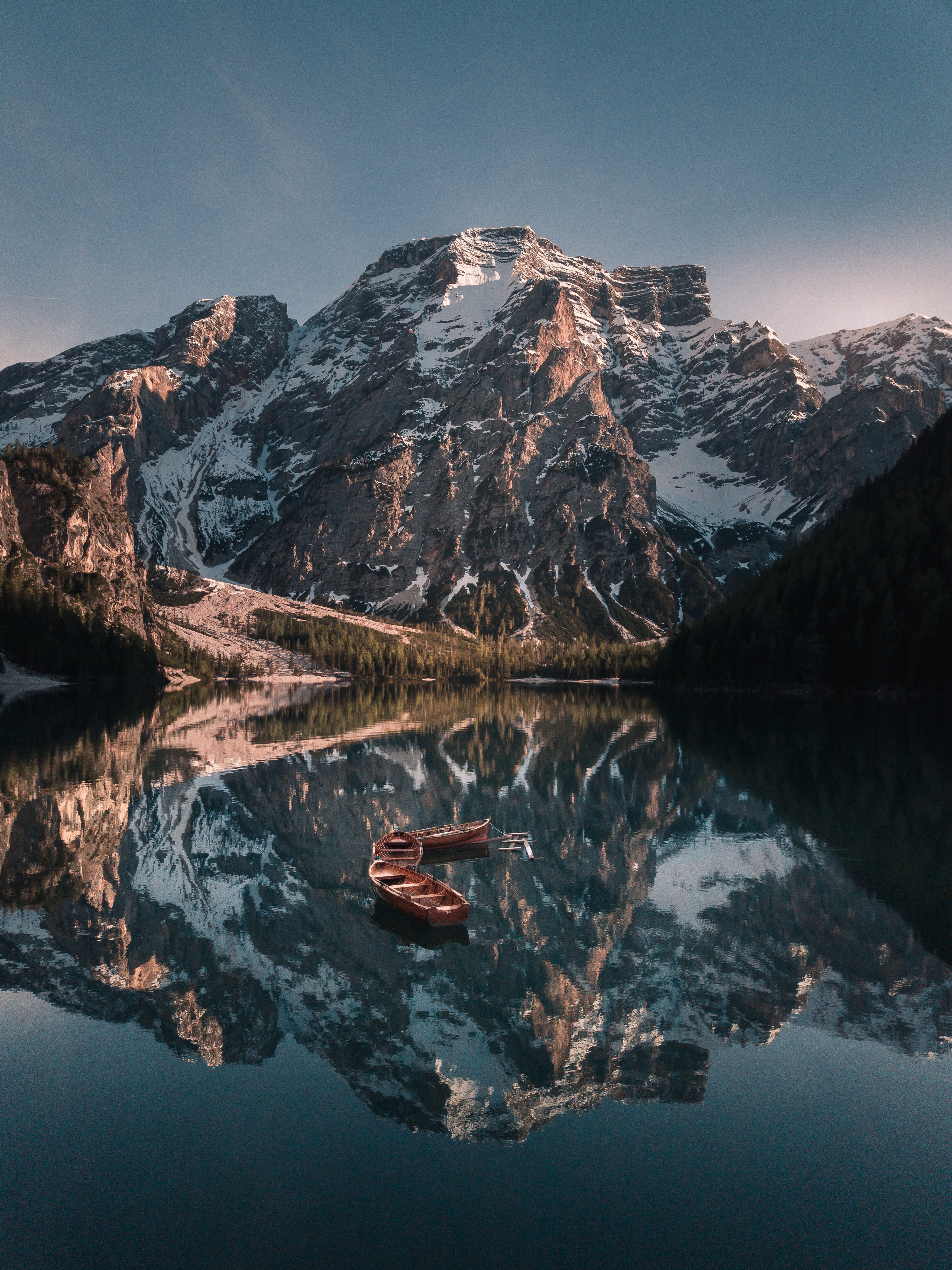 reflection, boats, mountains, lake, nature, landscape 8K