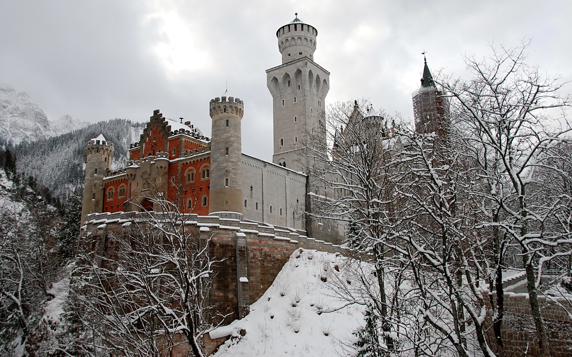 man made, castle, forest, germany, lock, mountain, snow, tree, winter, castles cellphone