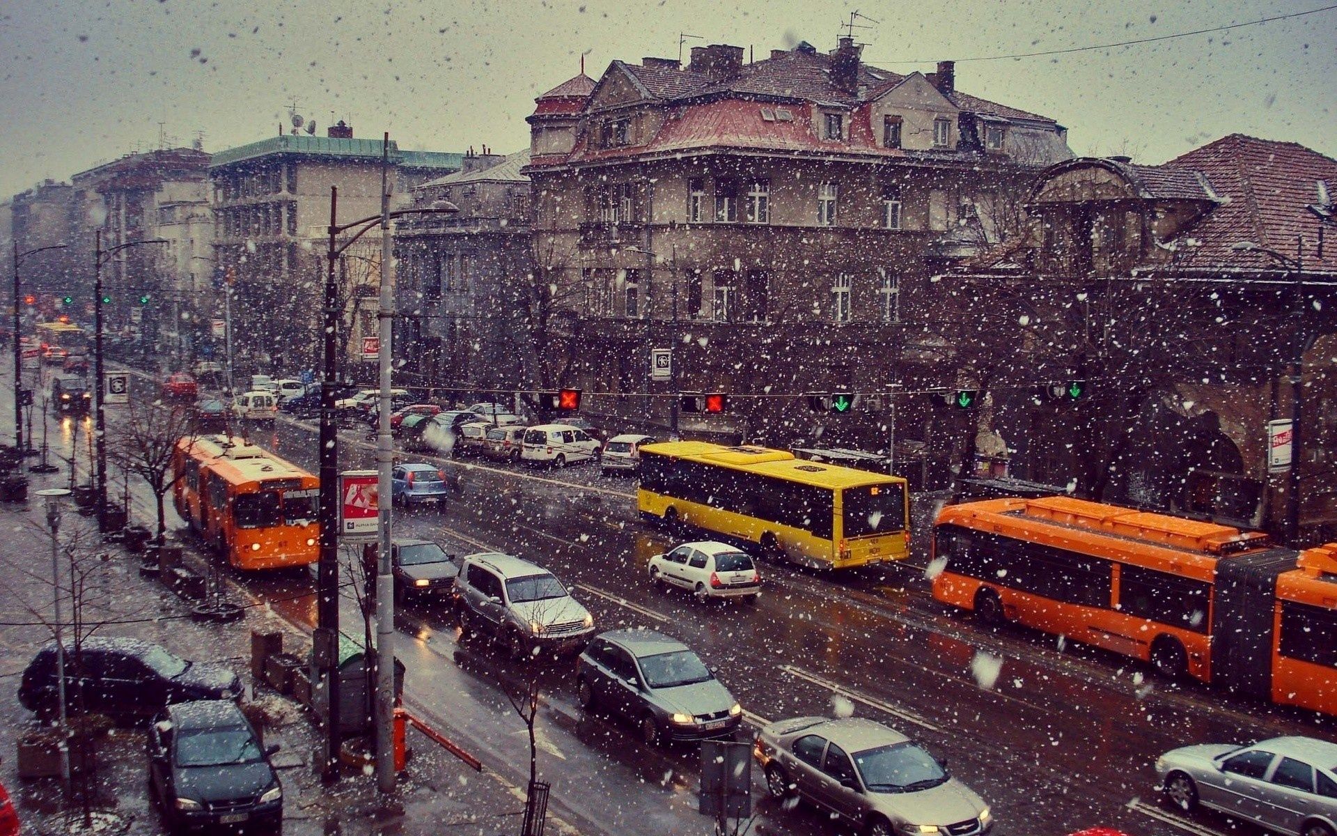 cities, snow, cars, traffic, movement, life, street