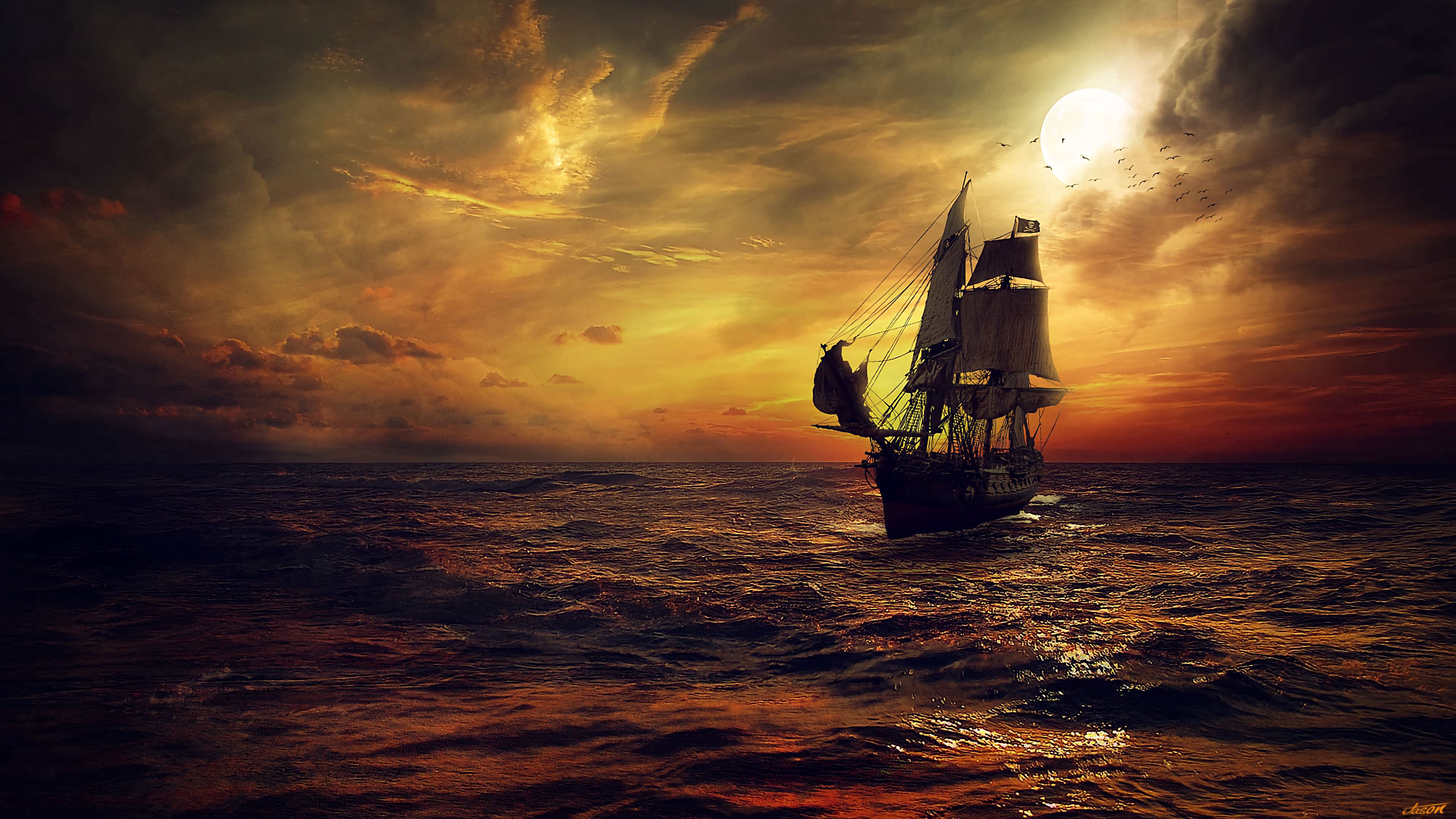 79954 download wallpaper sunset, art, sun, sail, sails, ship screensavers and pictures for free