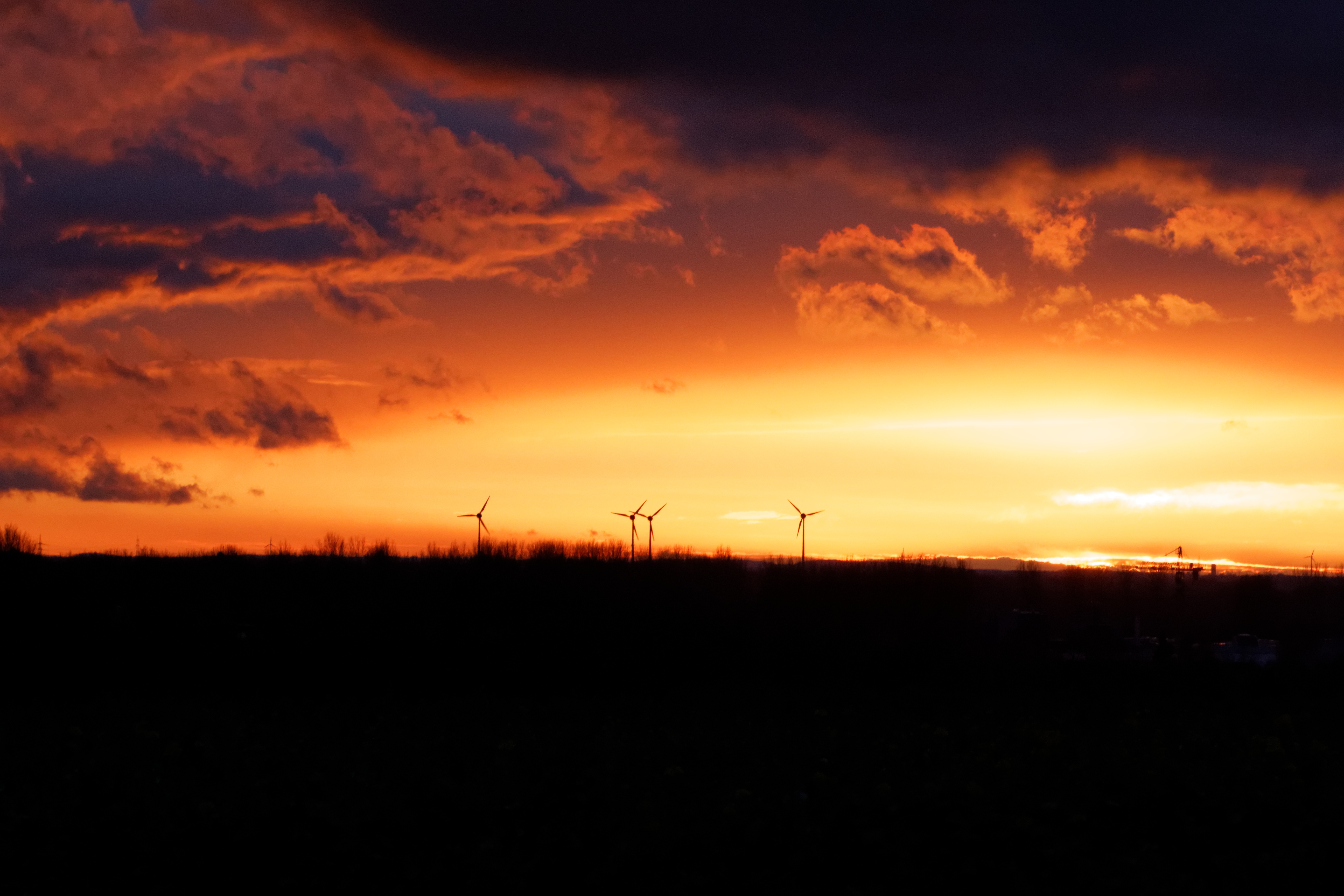 horizon, nature, sunset, clouds, wind turbines Full HD