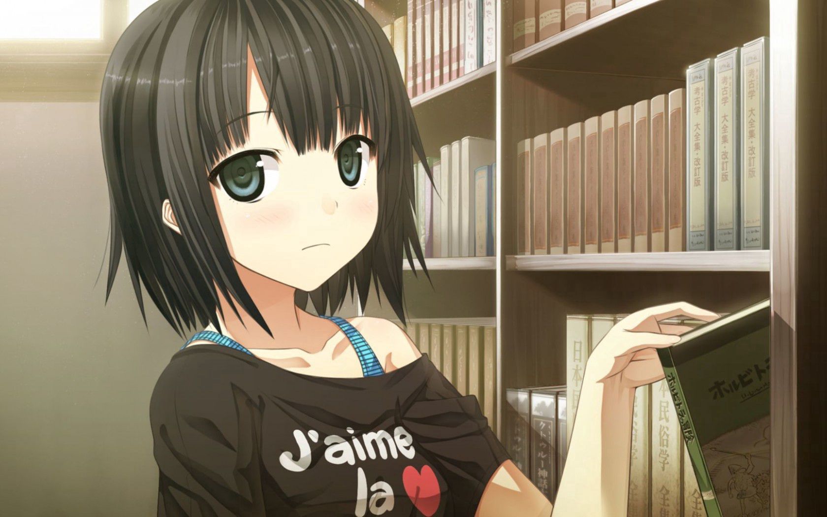girl, anime, books, library
