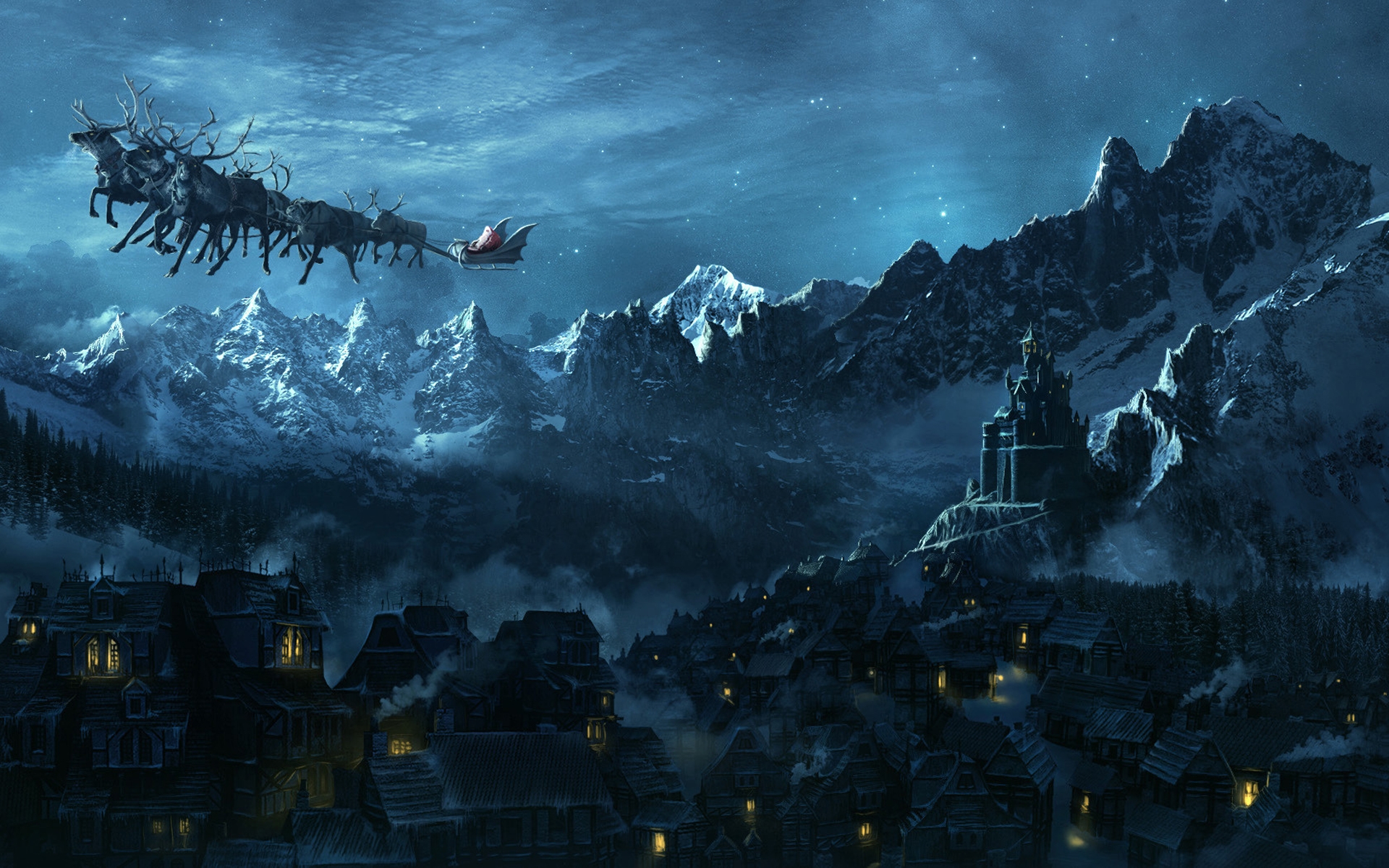 sleigh, mountain, reindeer, holiday HD screen wallpaper