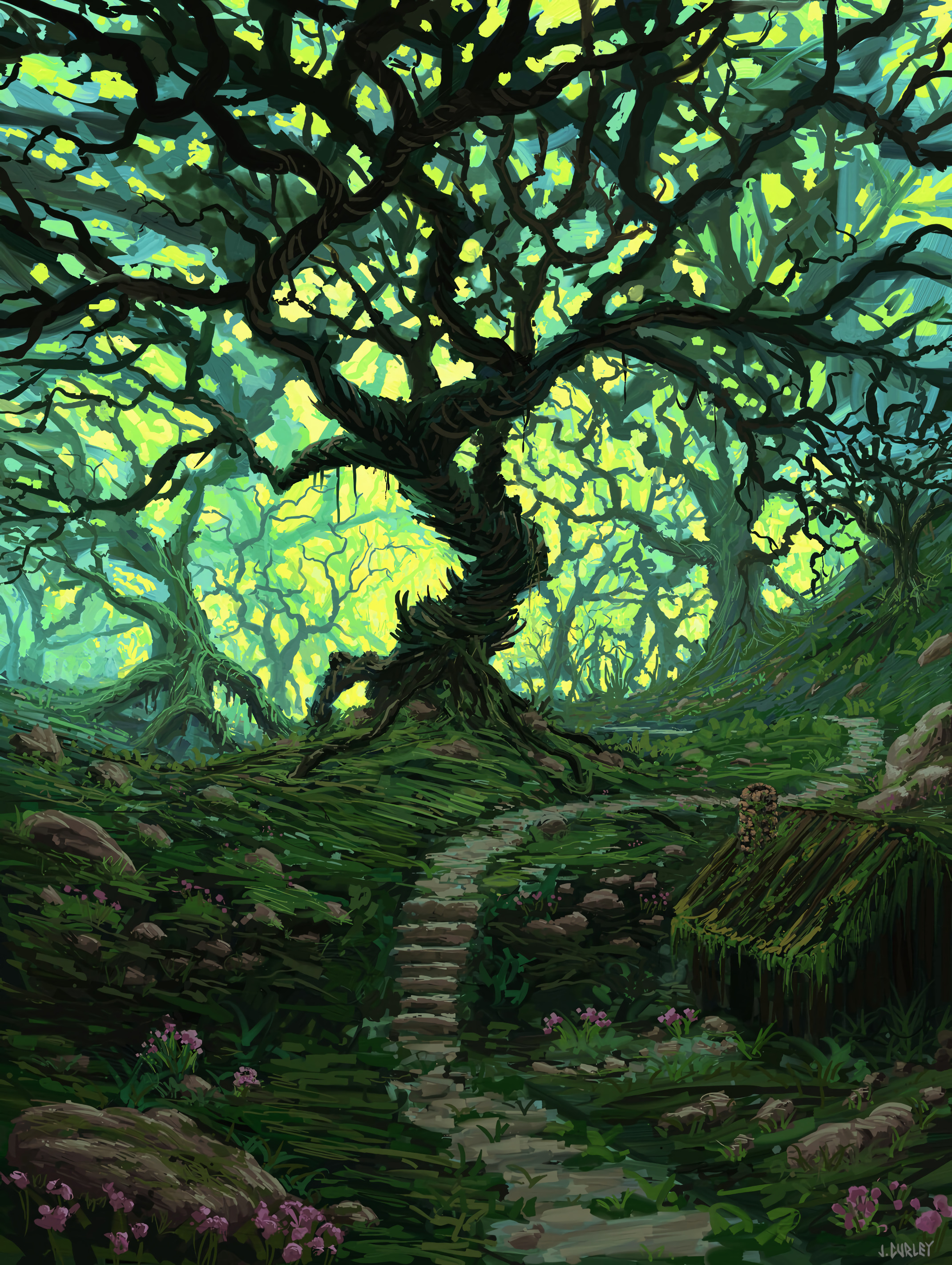art, landscape, wood, forest, tree, path Smartphone Background