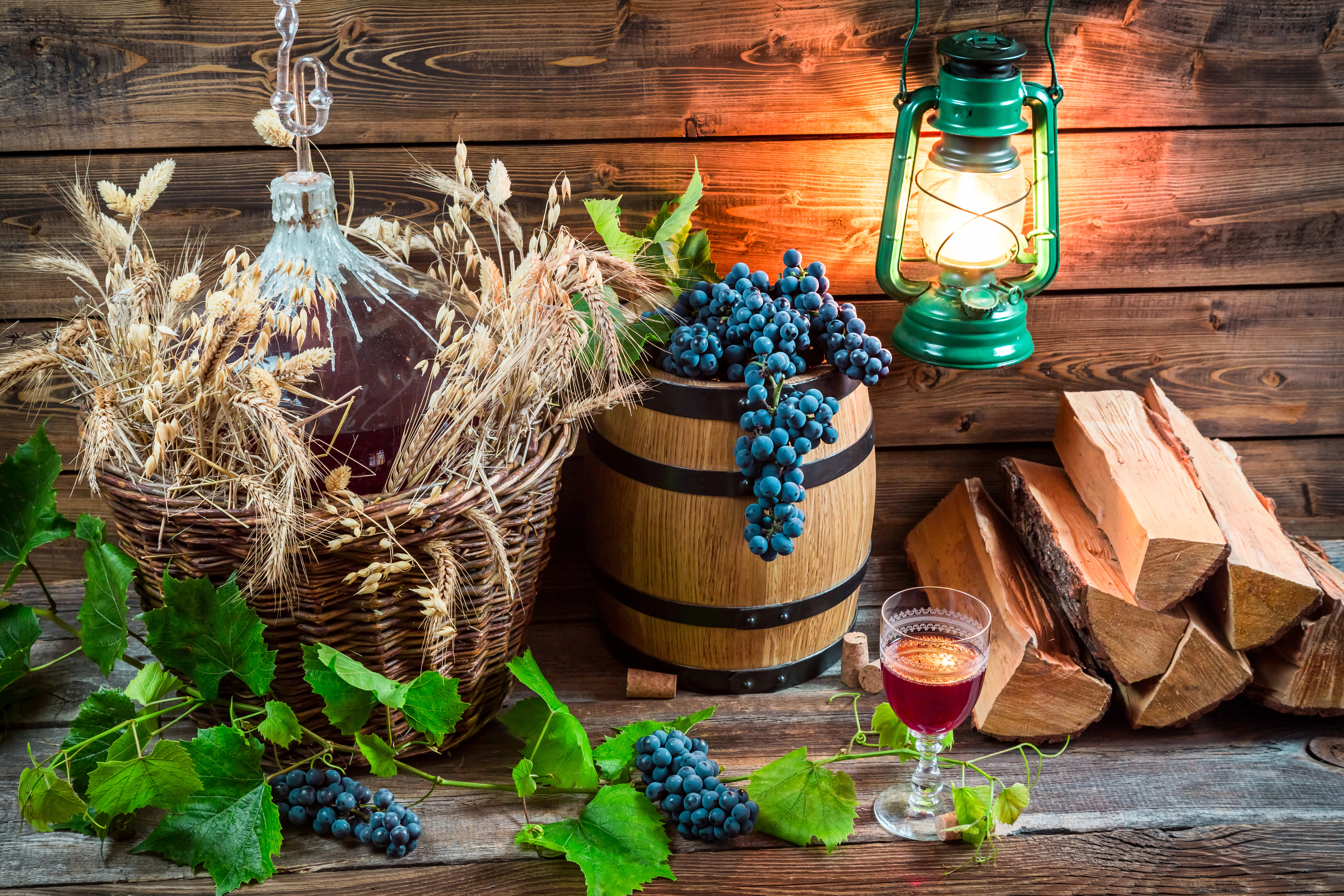 glass, wine, photography, still life, barrel, basket, grapes, lantern, log