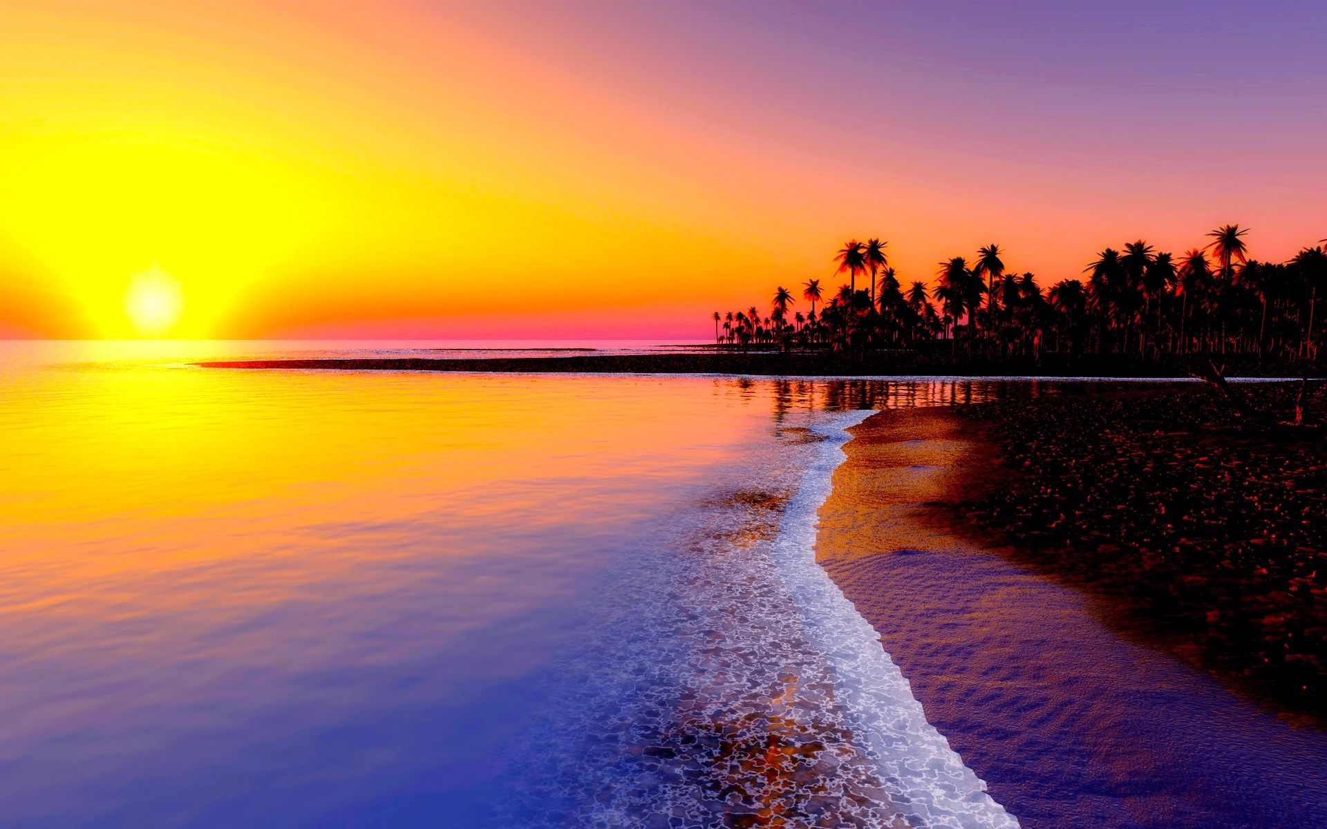 beach, sunset, sea, nature, tropics, sand, palms phone background