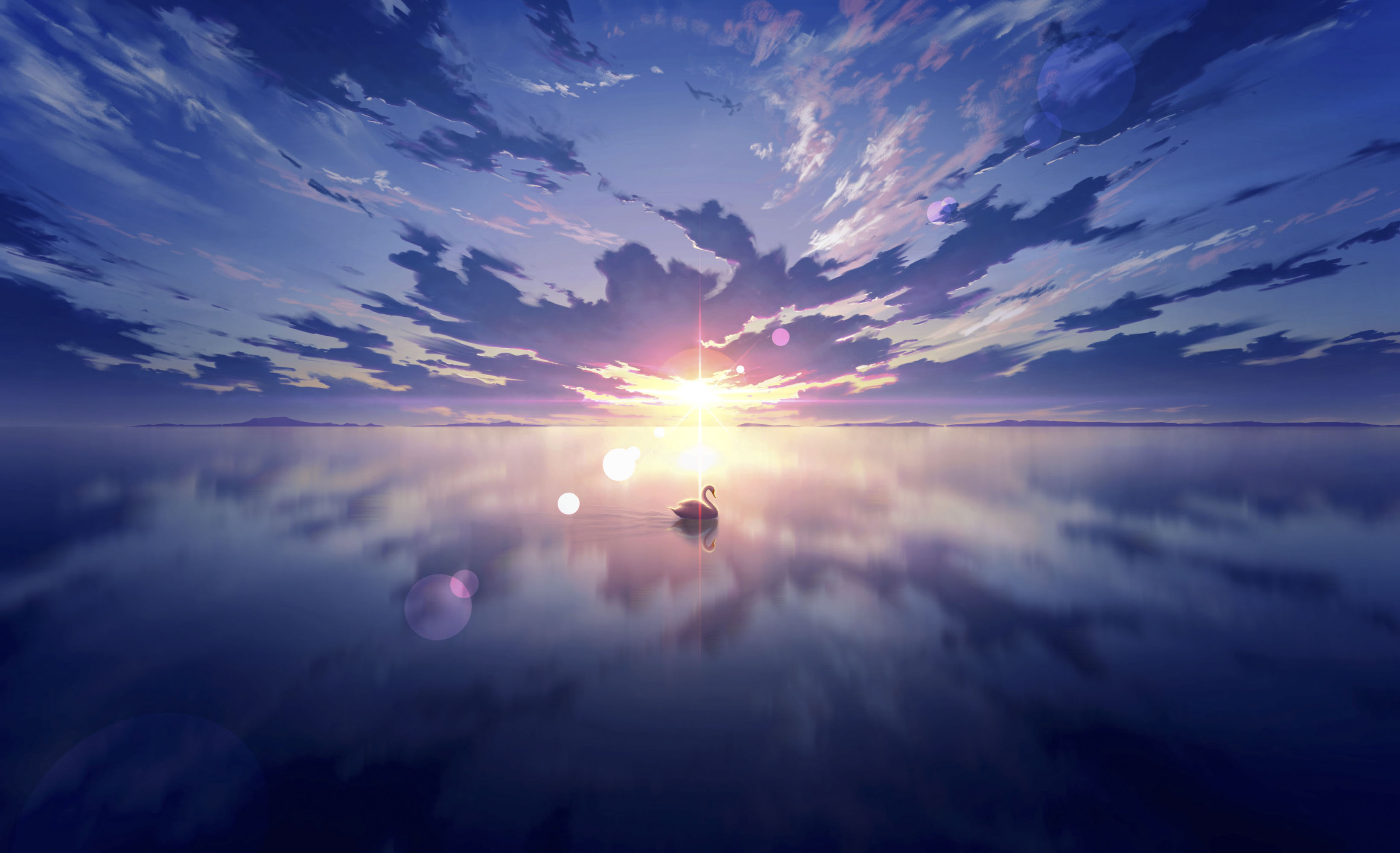landscape, swan, lake, anime