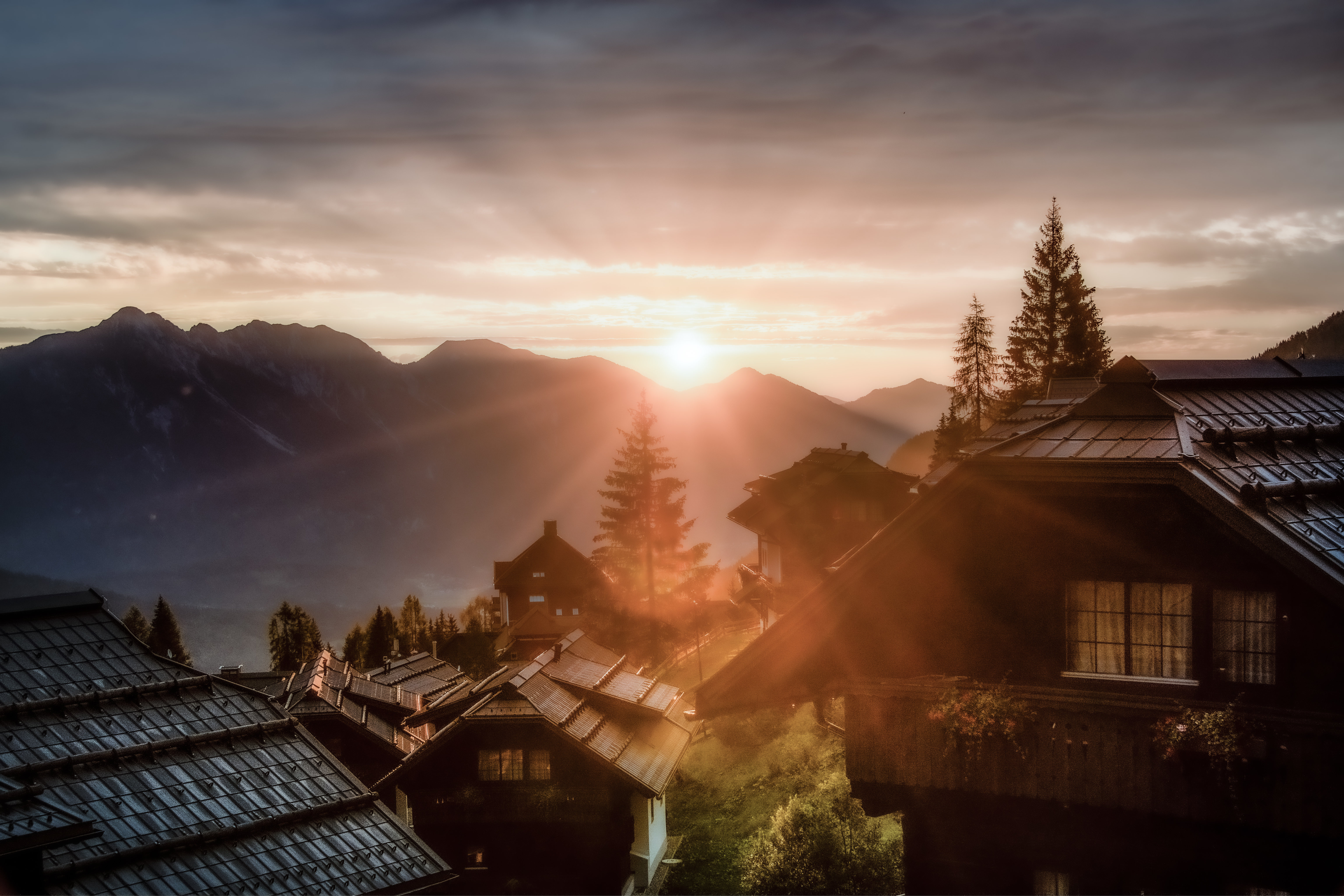 village, cities, dawn, building, beams, rays images
