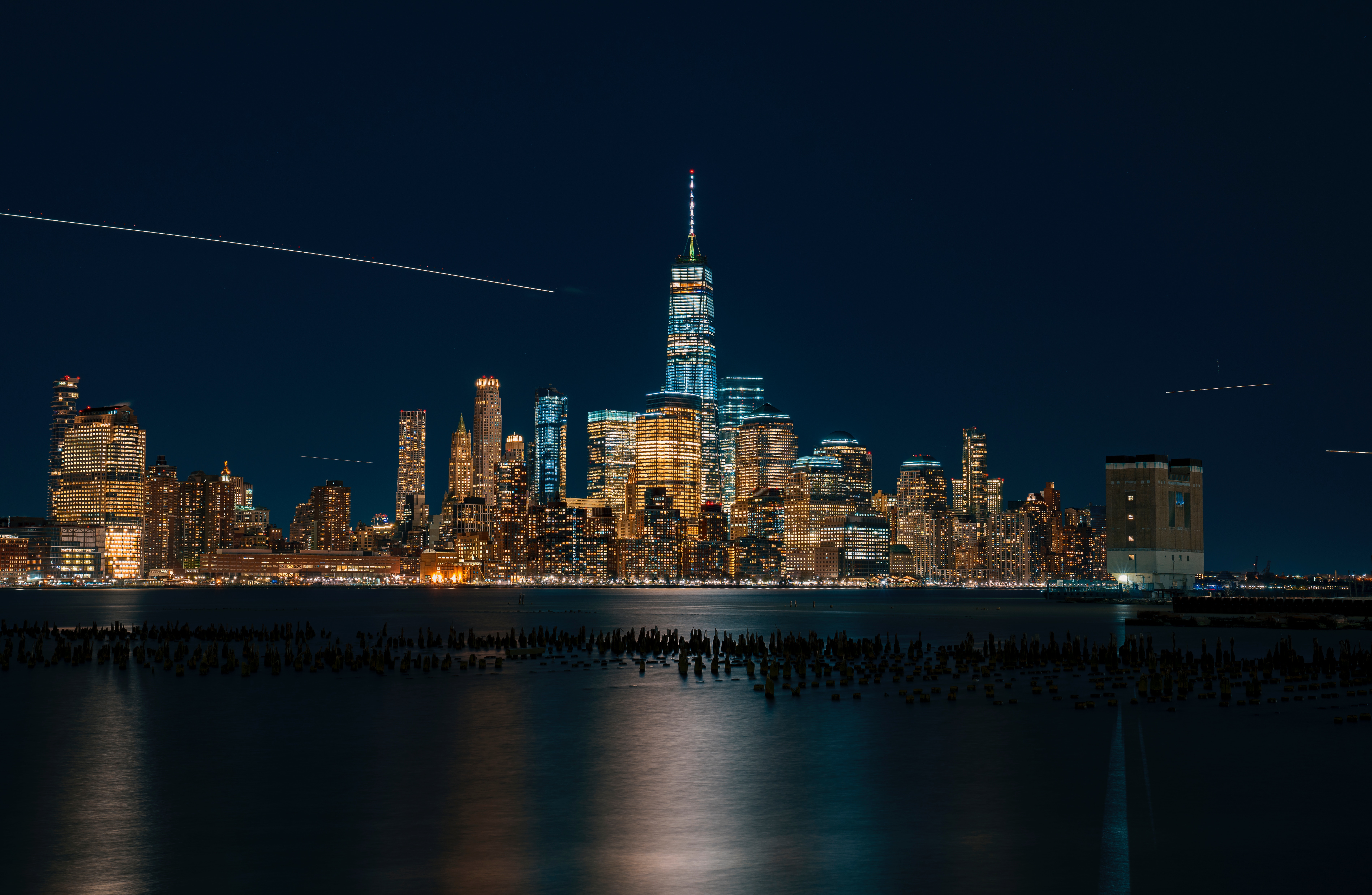 56616 Hintergrundbilder und New York Bilder auf dem Desktop. Laden Sie panorama, night city, ufer, usa Bildschirmschoner kostenlos auf den PC herunter