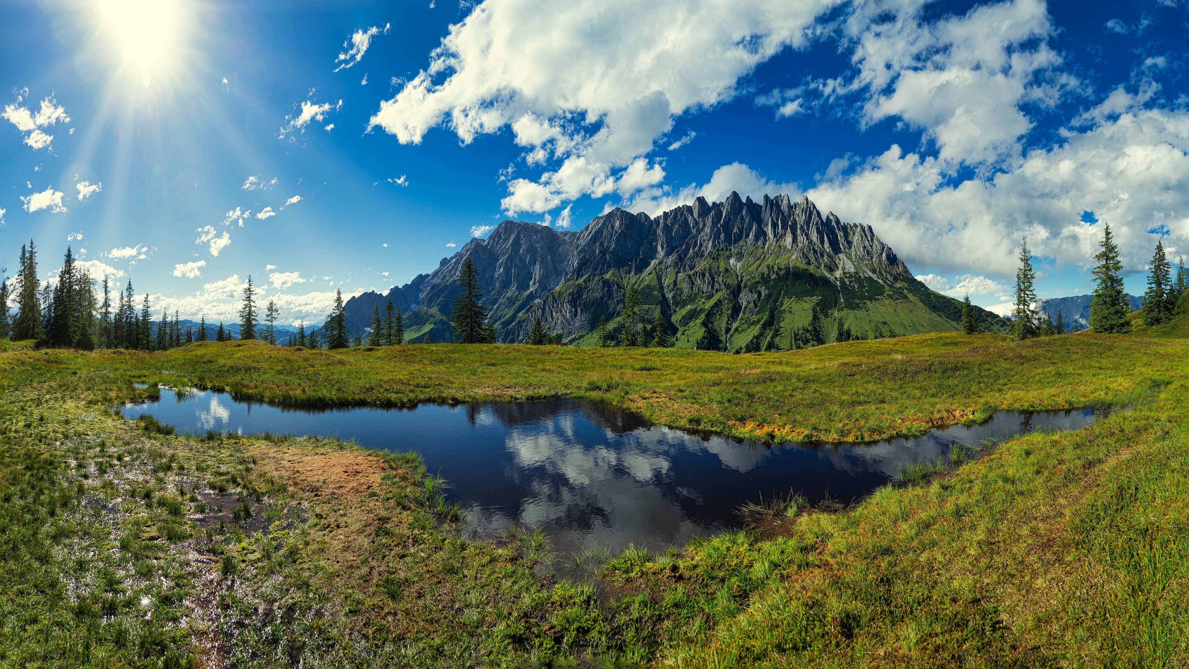earth, landscape, cloud, mountain, pond, reflection, sky, spruce, sunbeam HD wallpaper