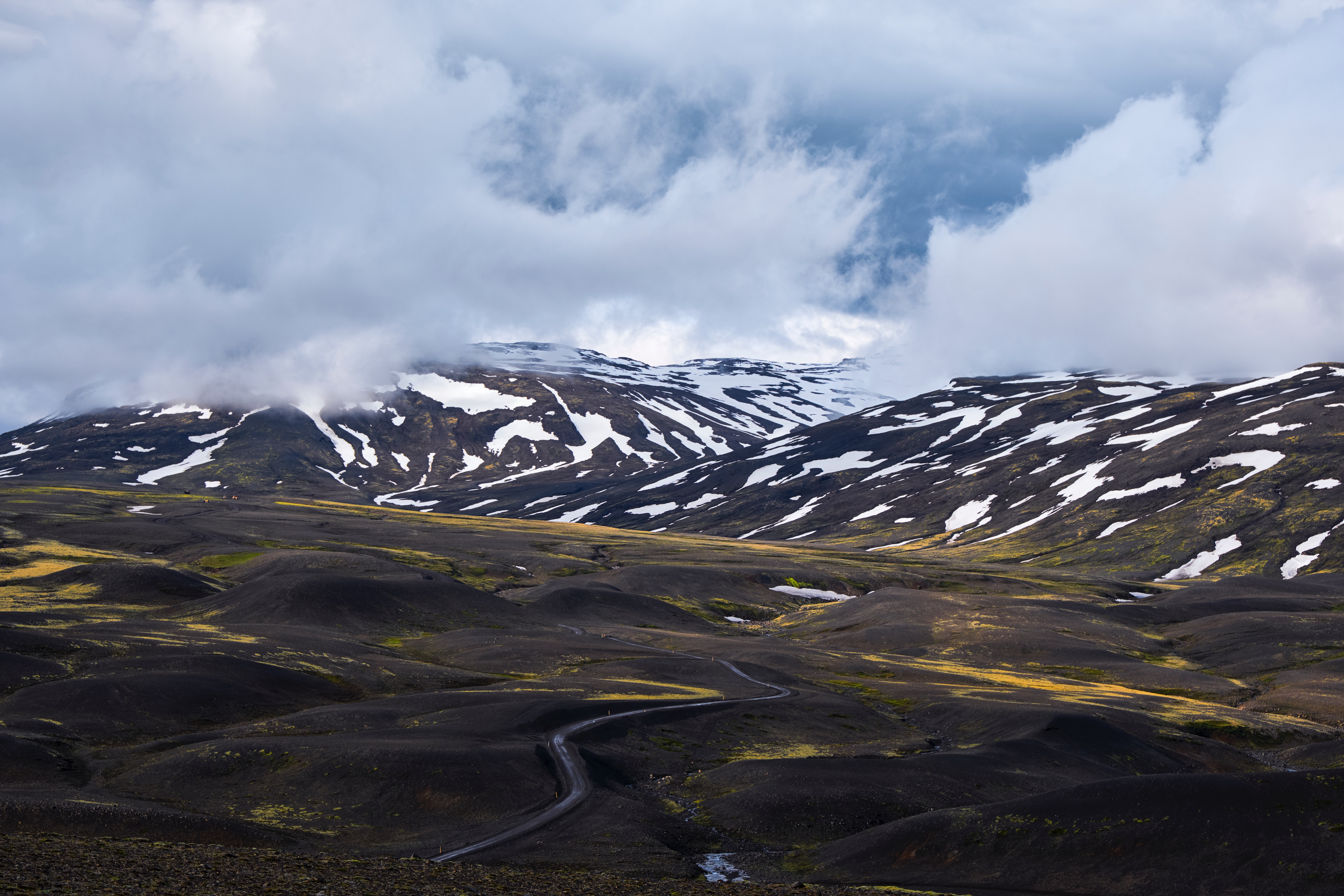 iceland, nature, mountains, clouds, snow, road, fog