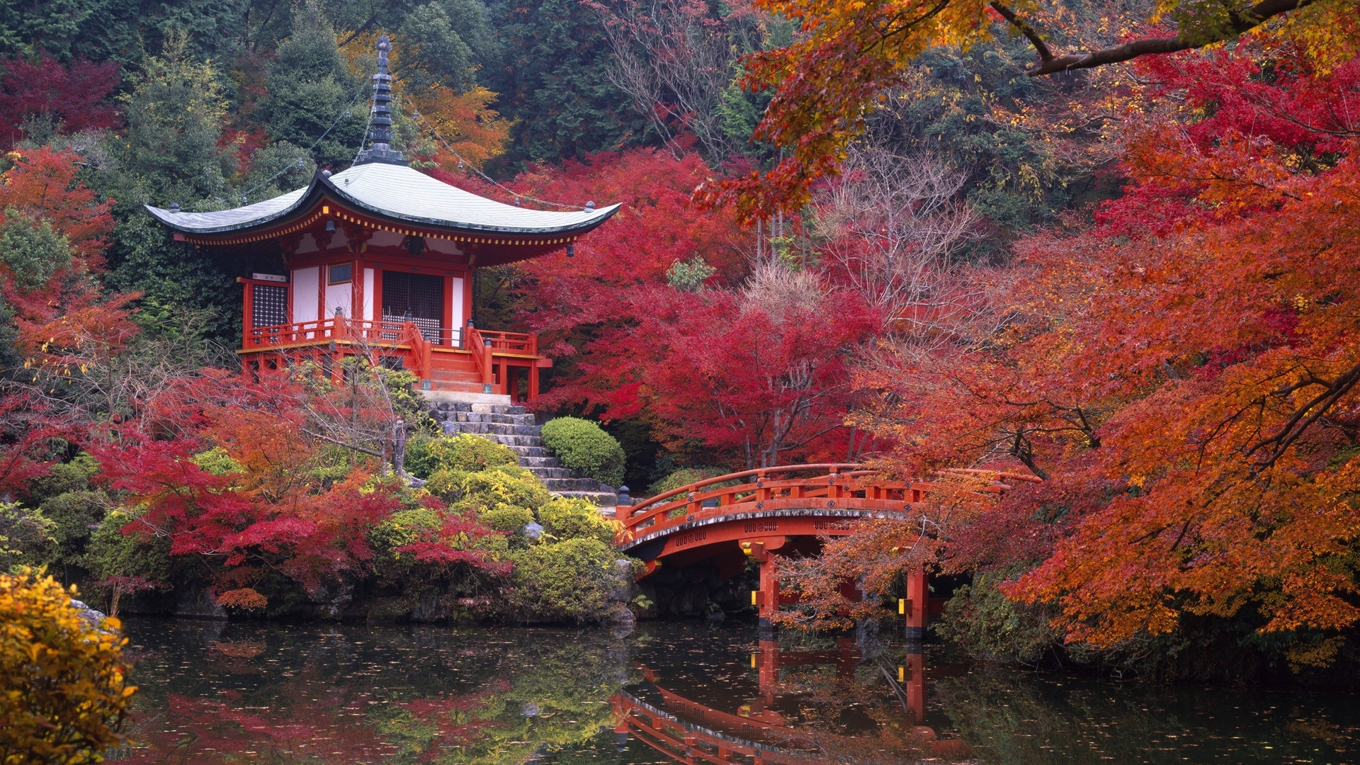 25624 download wallpaper asia, landscape, rivers, bridges, autumn, red screensavers and pictures for free