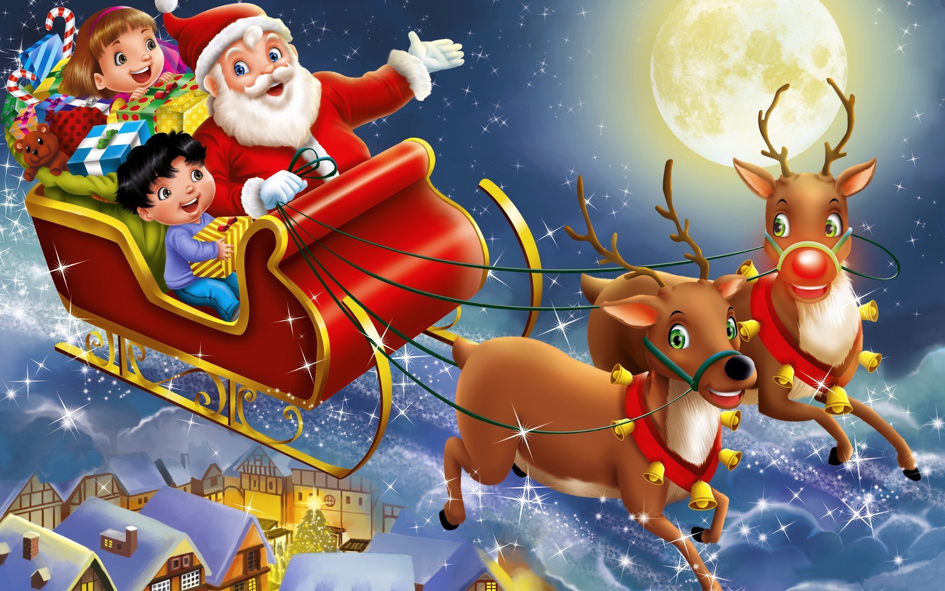 santa, christmas, holiday, child, gift, reindeer, sleigh