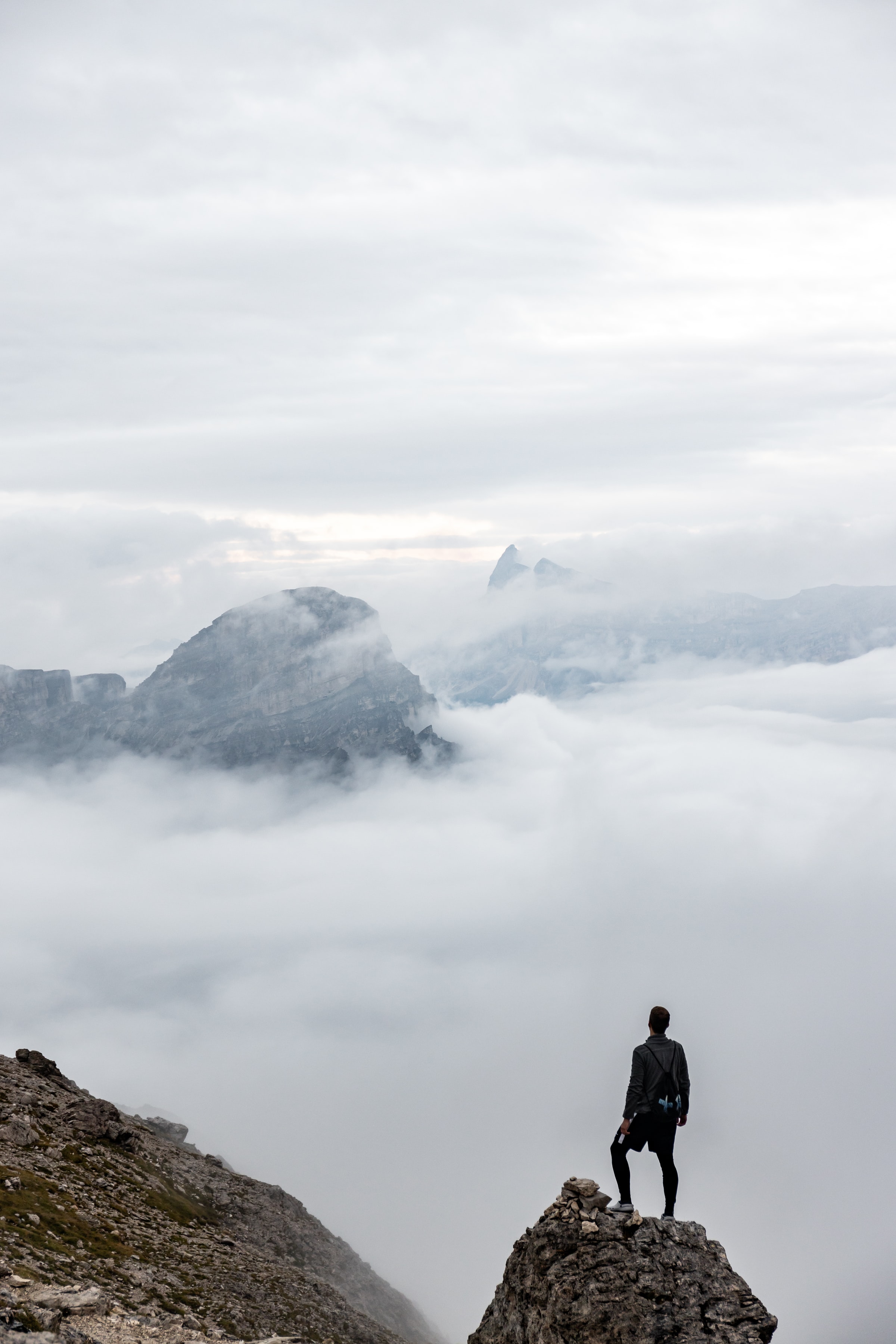 traveller, human, traveler, rocks, miscellanea, miscellaneous, fog, person, loneliness, alone, lonely wallpaper for mobile
