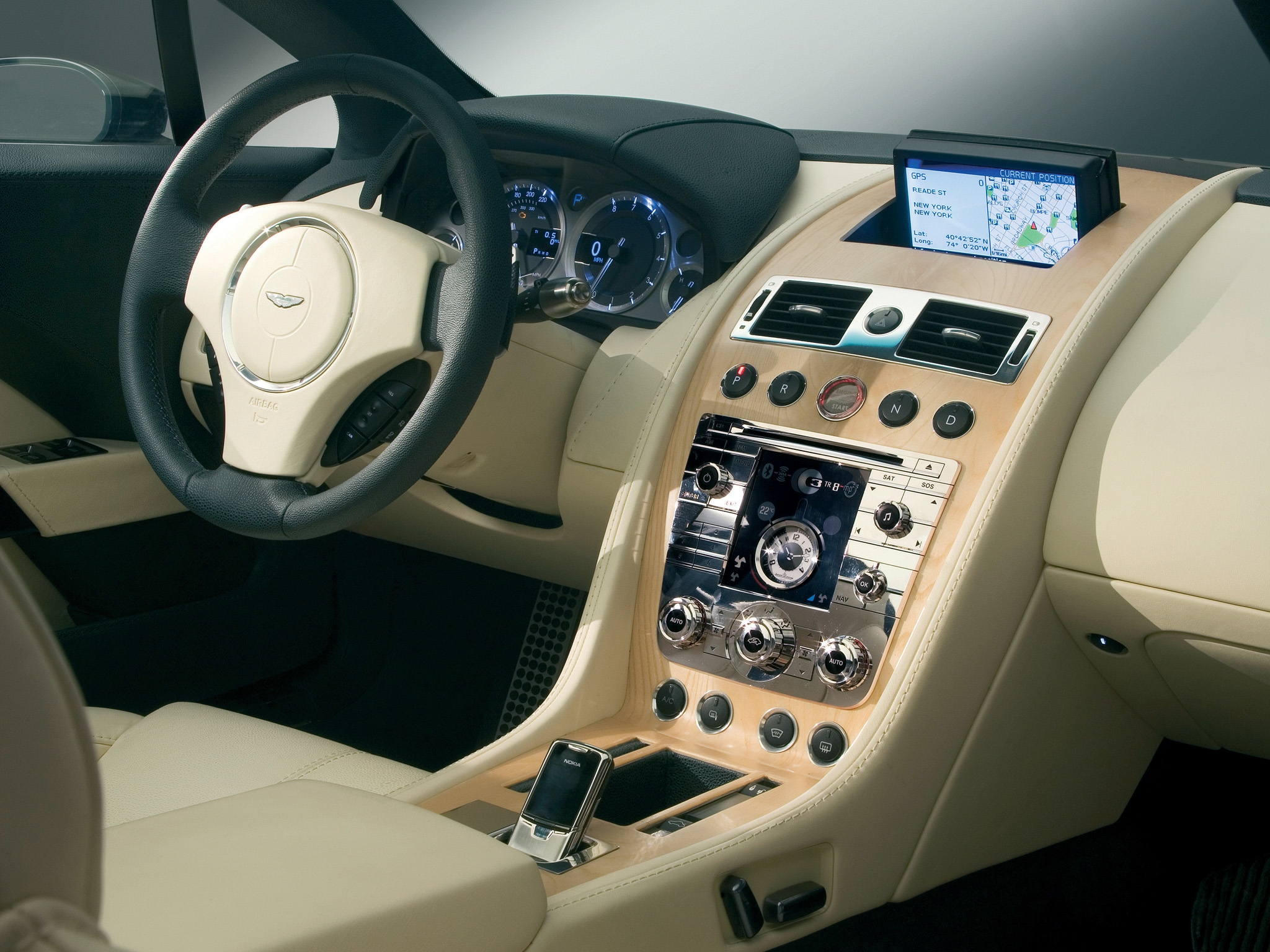 steering wheel, salon, interior, aston martin, cars, rudder, speedometer, concept car, 2006, rapide, beige UHD