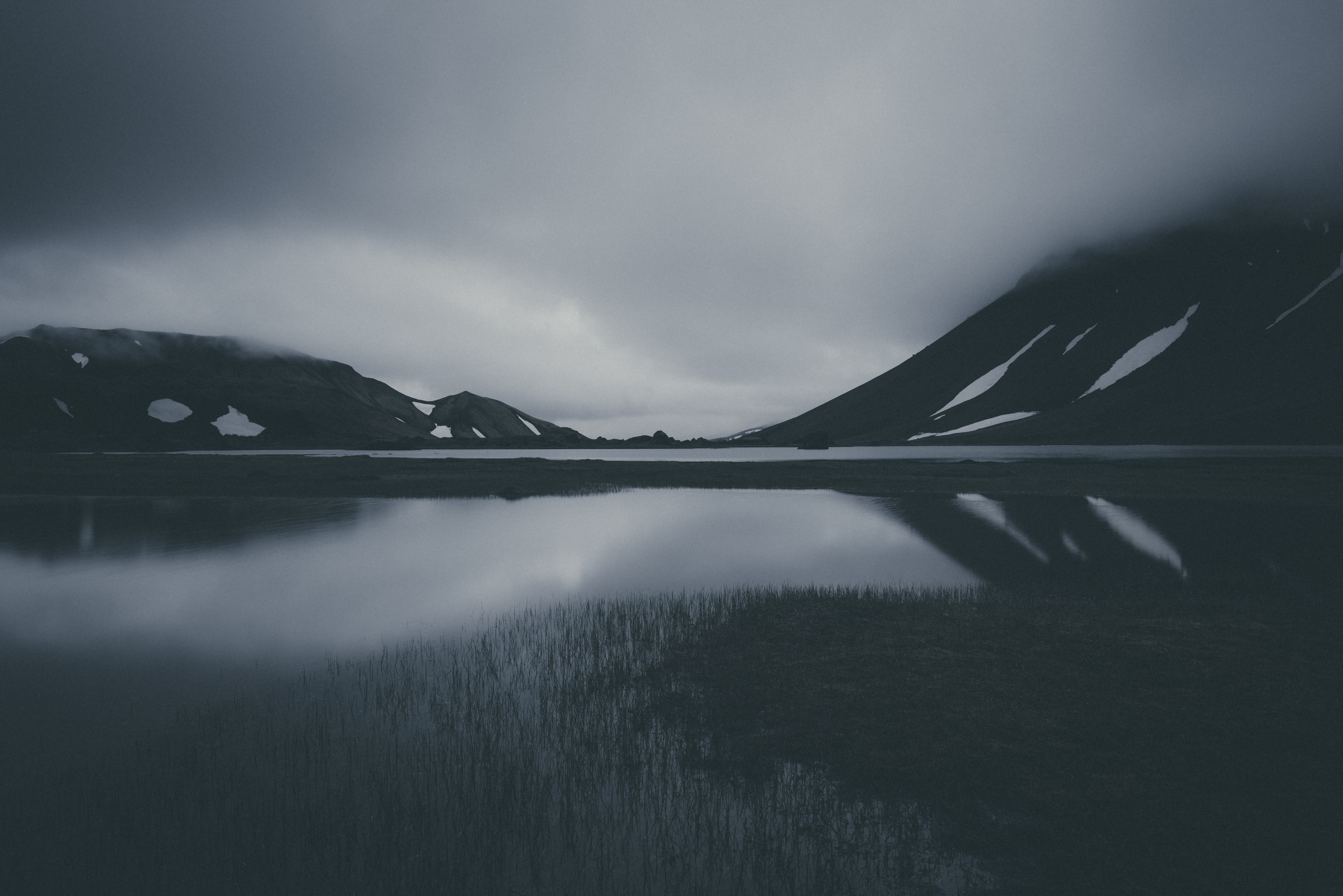 bw, gloomy, dark, mountains, lake, chb, gloomily HD wallpaper