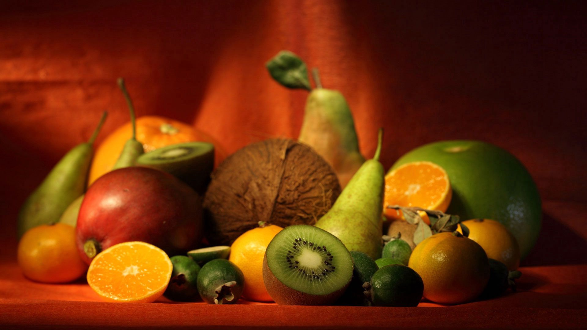 115439 Hintergrundbild herunterladen obst, lebensmittel, oranges, pears, kiwi, sortiert, assorted, kokosnuss - Bildschirmschoner und Bilder kostenlos