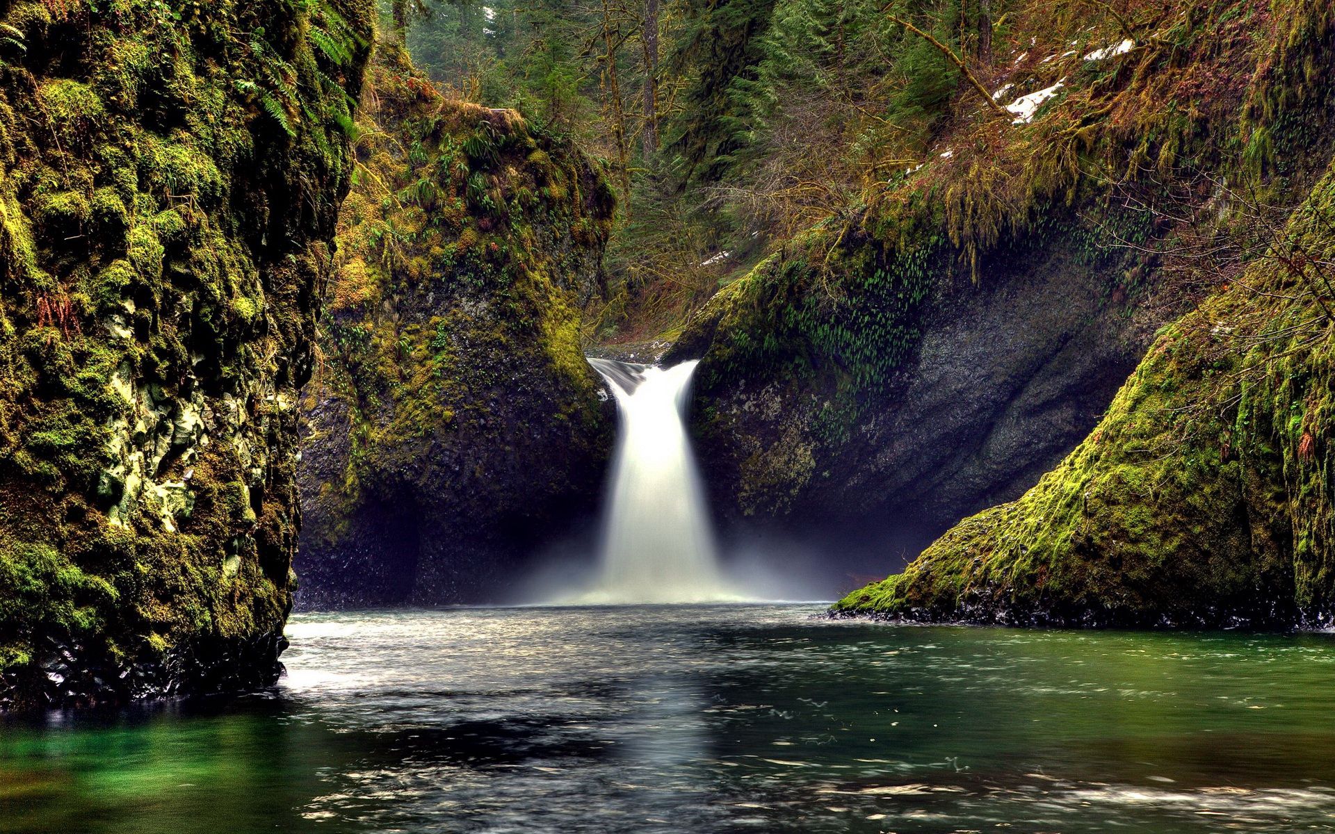 creepy, nature, rocks, lake, waterfall, moss HD wallpaper