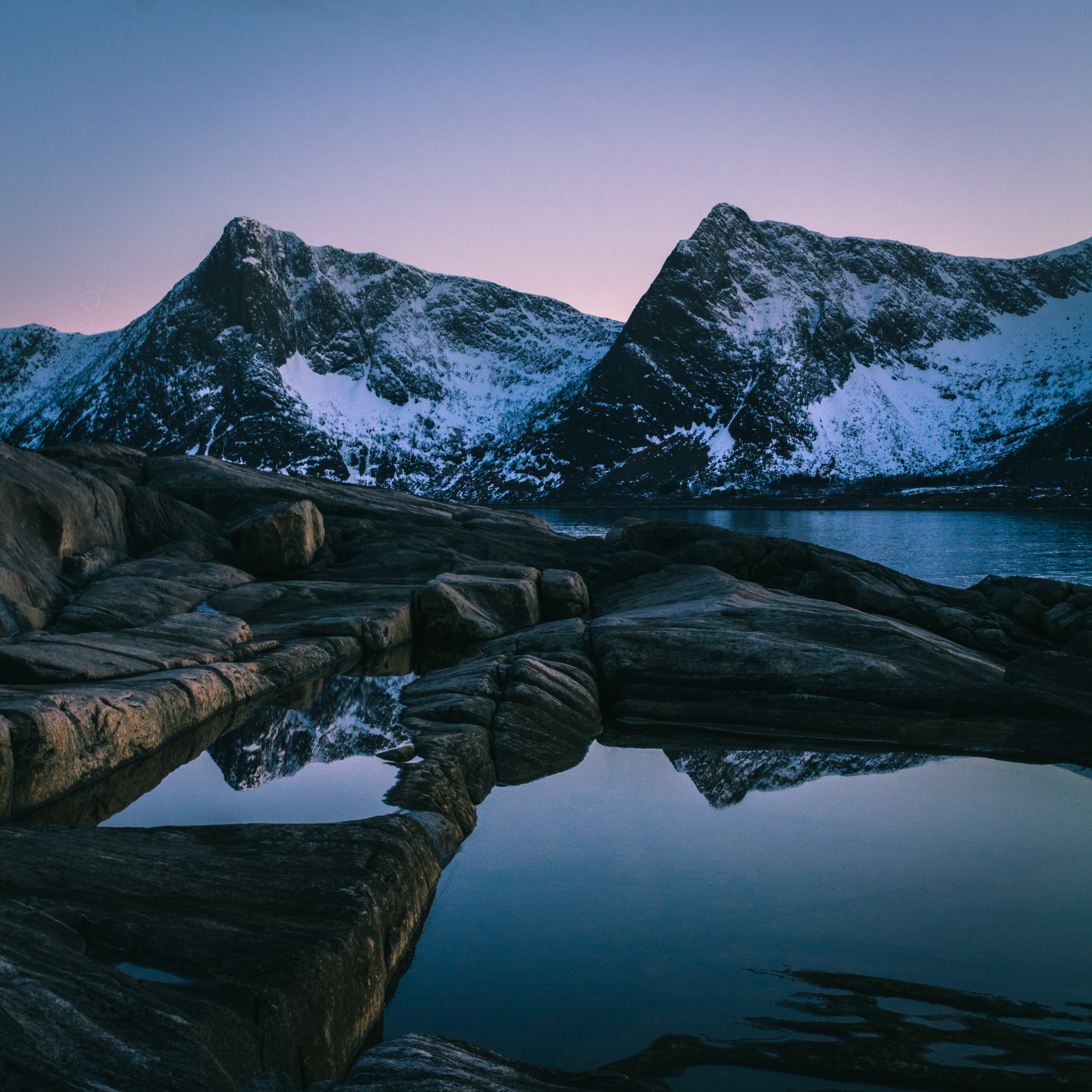 norway, nature, sunset, mountain, lake, snow covered, snowbound wallpaper for mobile
