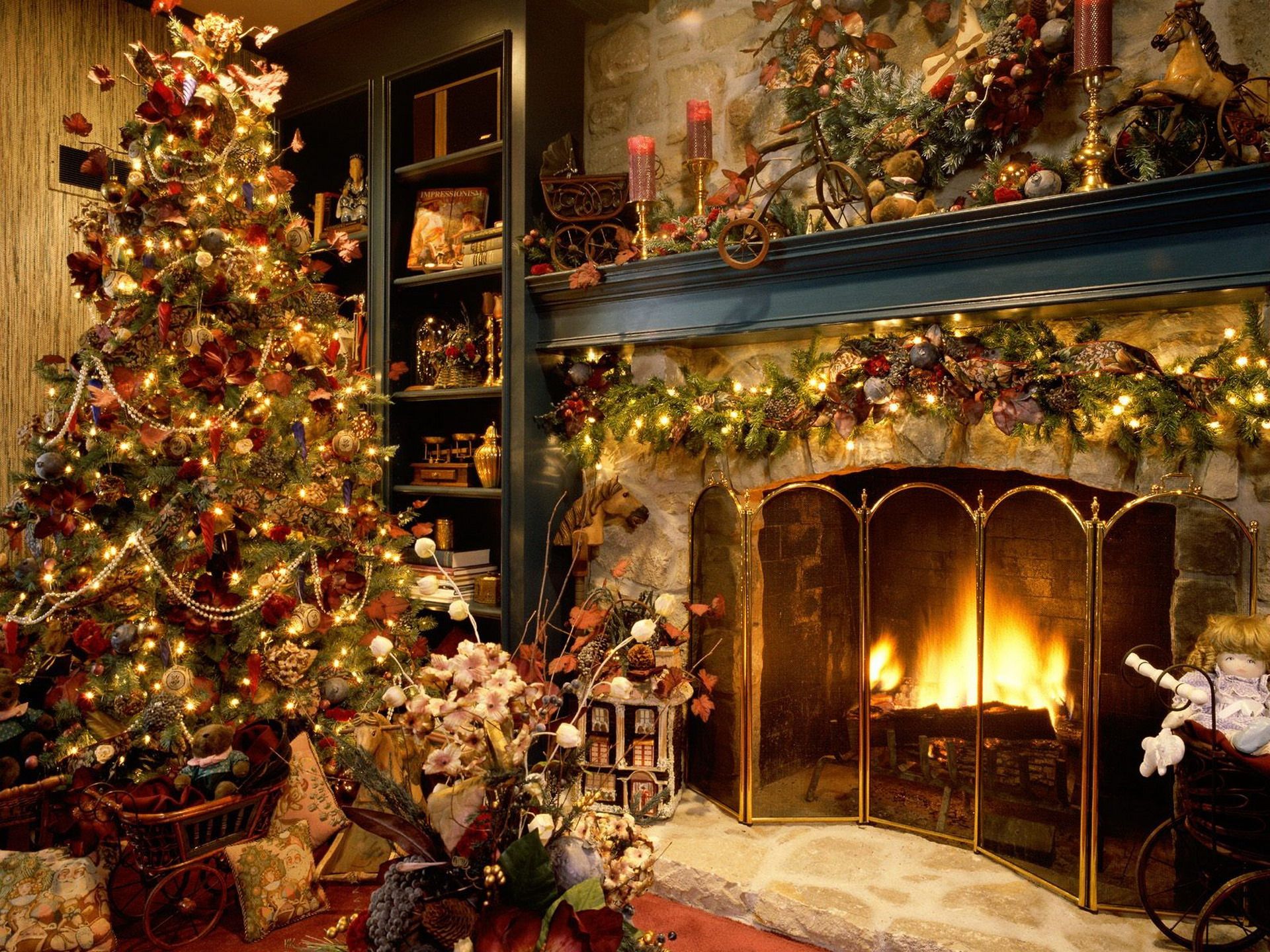 163562 скачать обои камин, праздничные, рождество, рождественские украшения, рождественская елка - заставки и картинки бесплатно