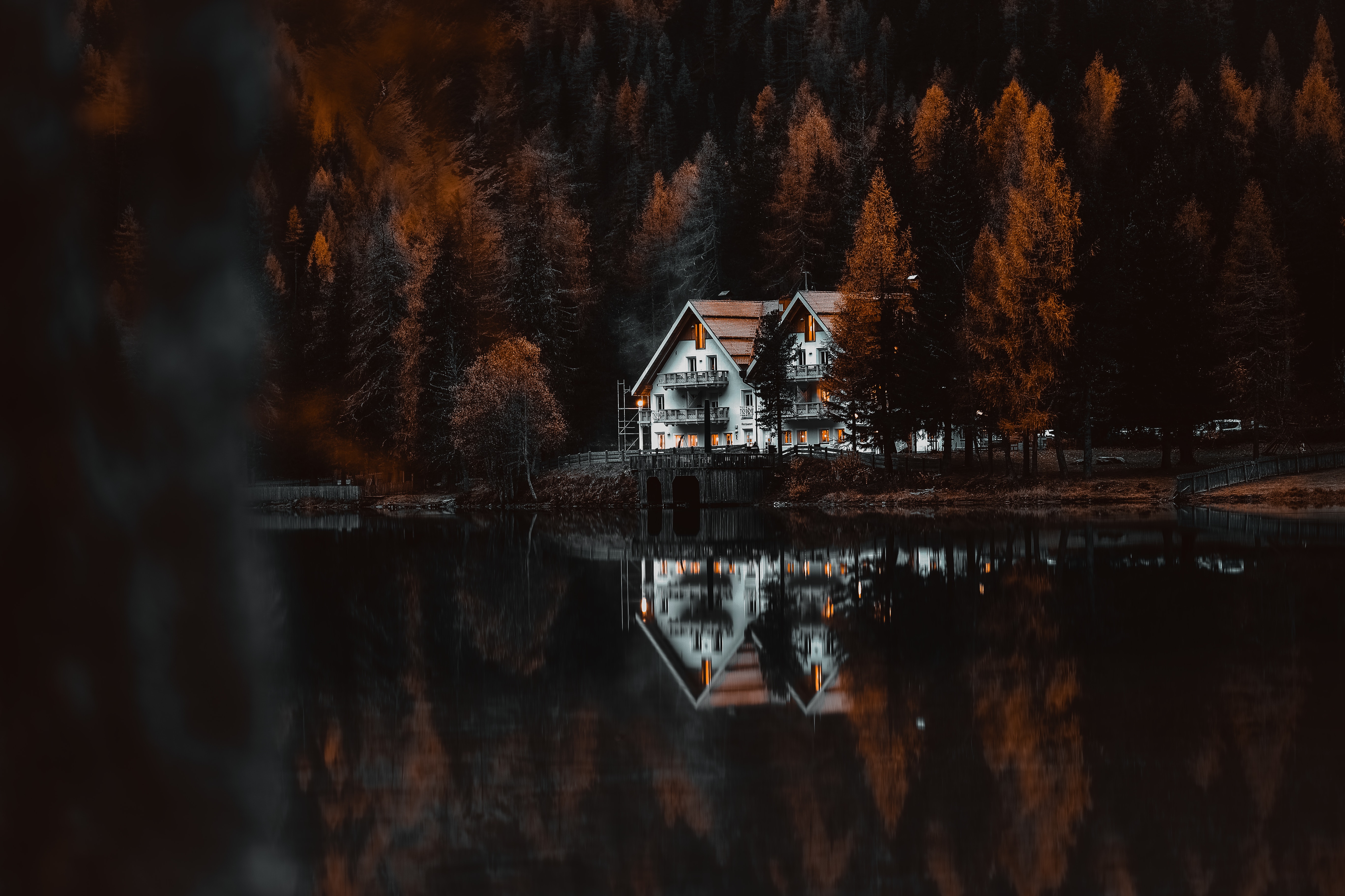 shore, houses, nature, lake, bank, forest, small houses download HD wallpaper