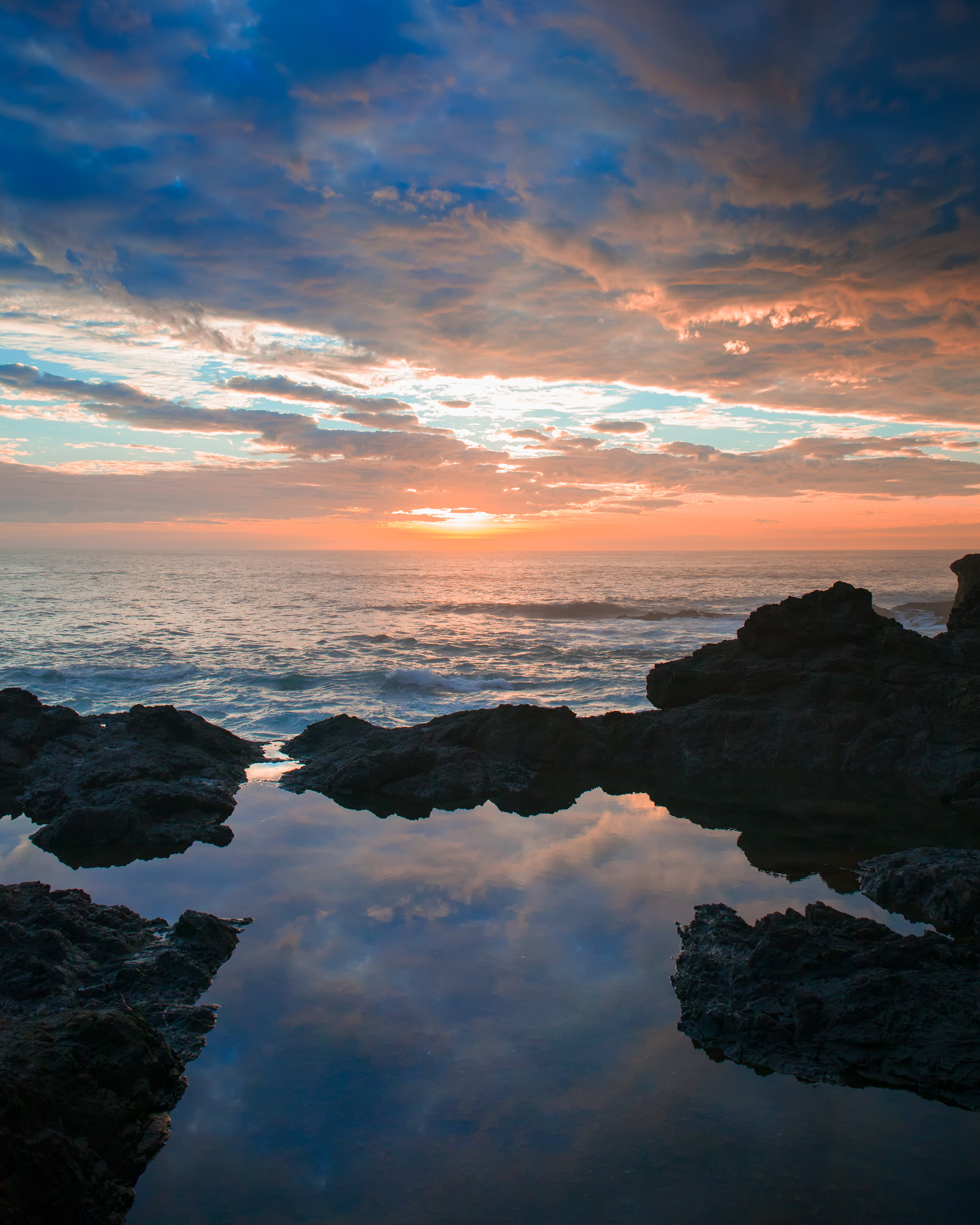 clouds, nature, sunset, stones, sea, rocks cellphone