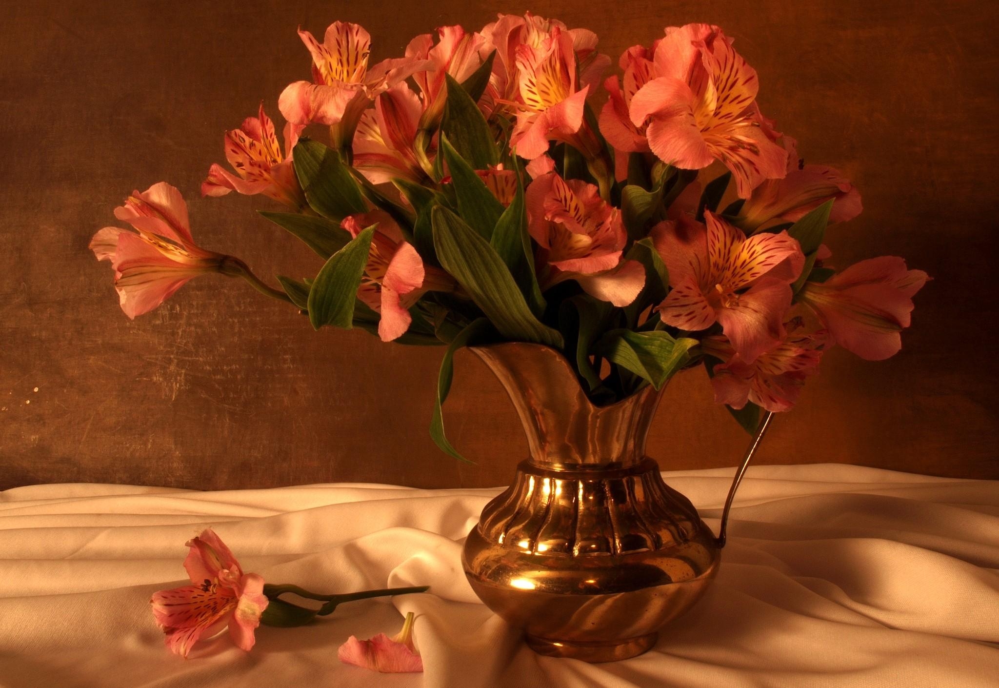 flowers, alstroemeria, bouquet, jug, cloth