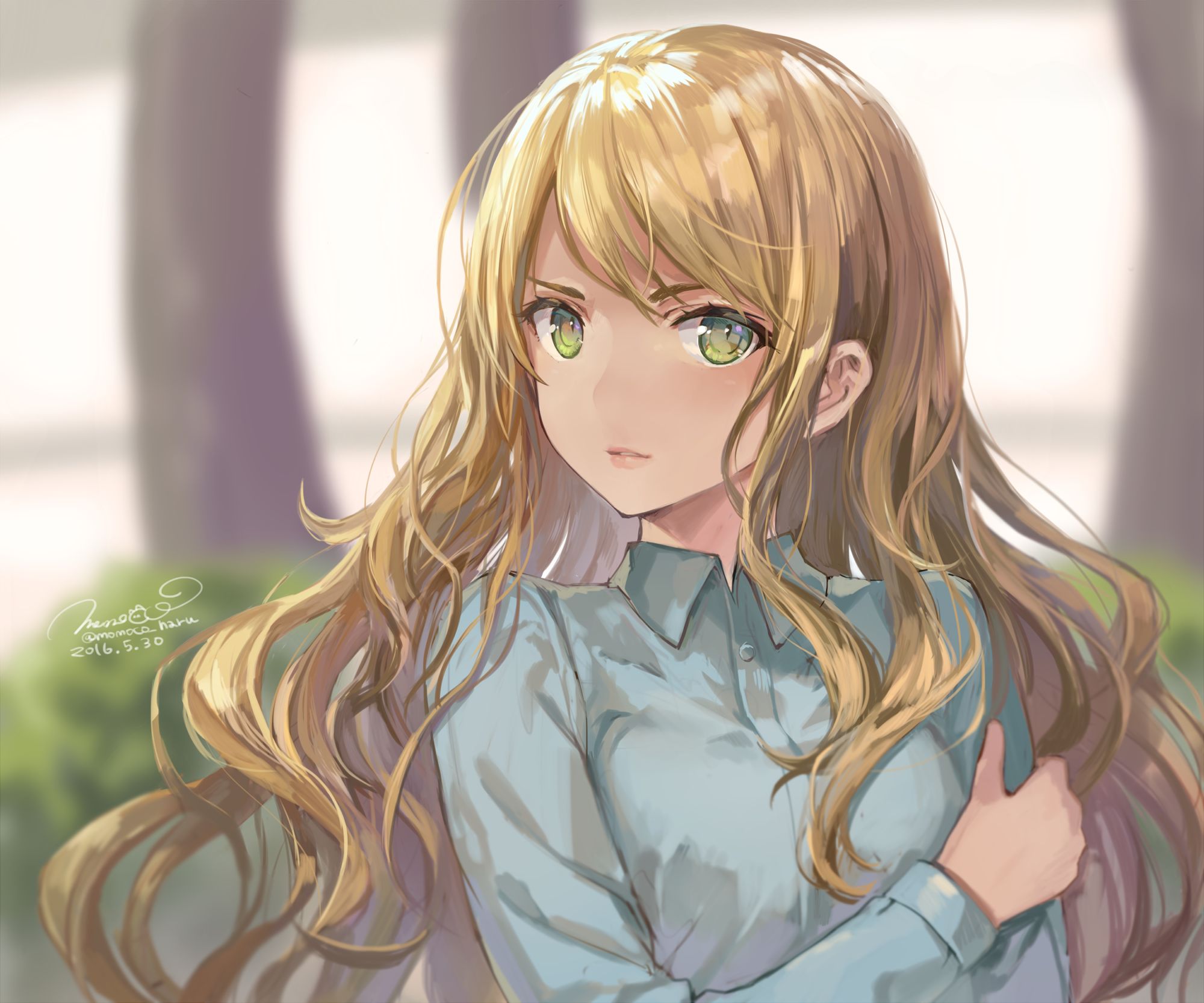 wallpapers girl, anime, blonde, green eyes, long hair, shirt