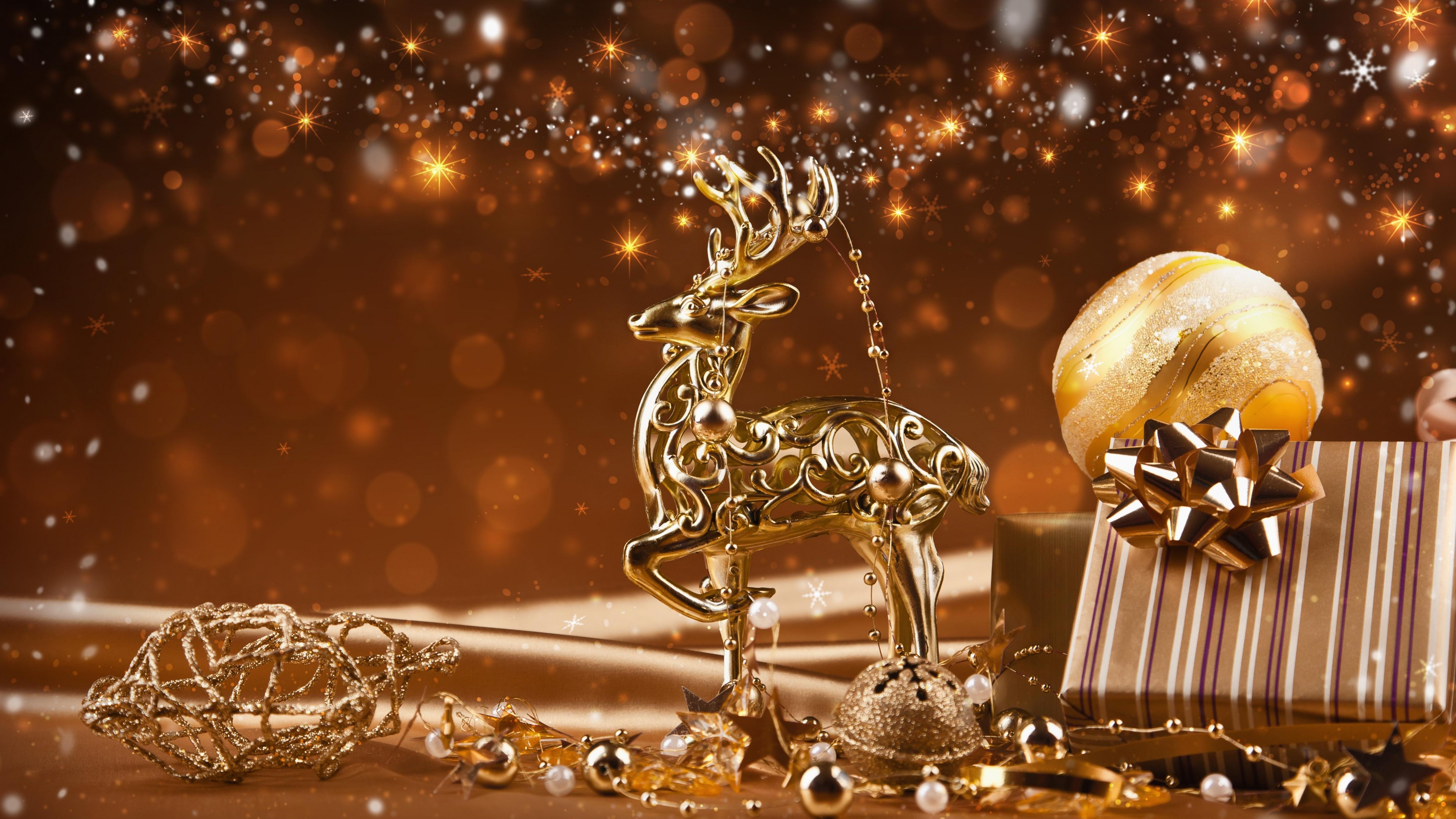 reindeer, gold, christmas, bokeh, holiday, christmas ornaments, gift