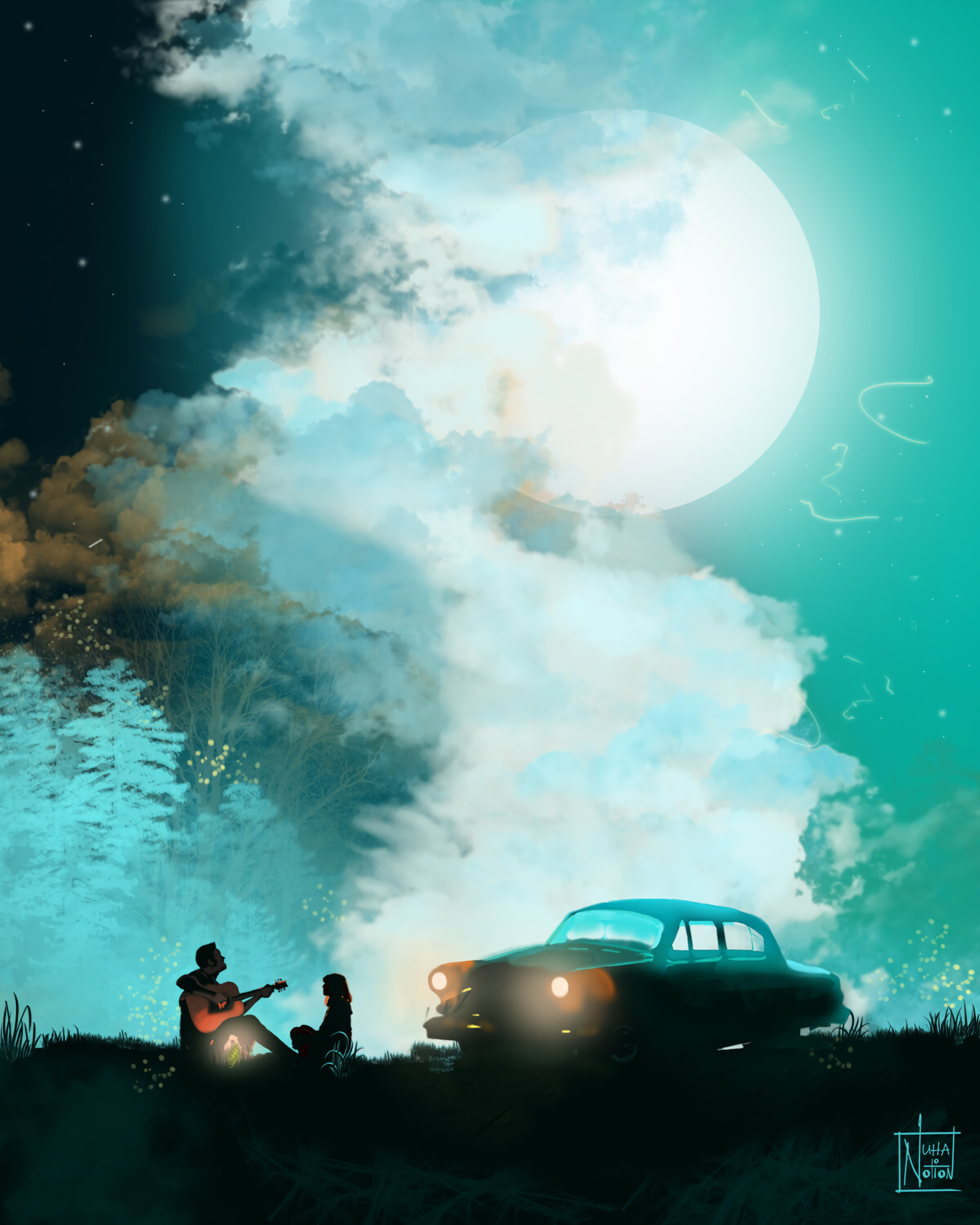 android art, guitar, night, moon, silhouettes, car
