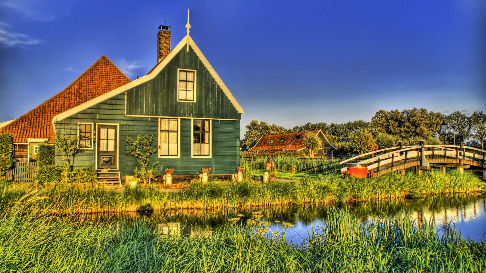 cities, rivers, grass, sky, summer, small house, lodge, village, bridge, hdr