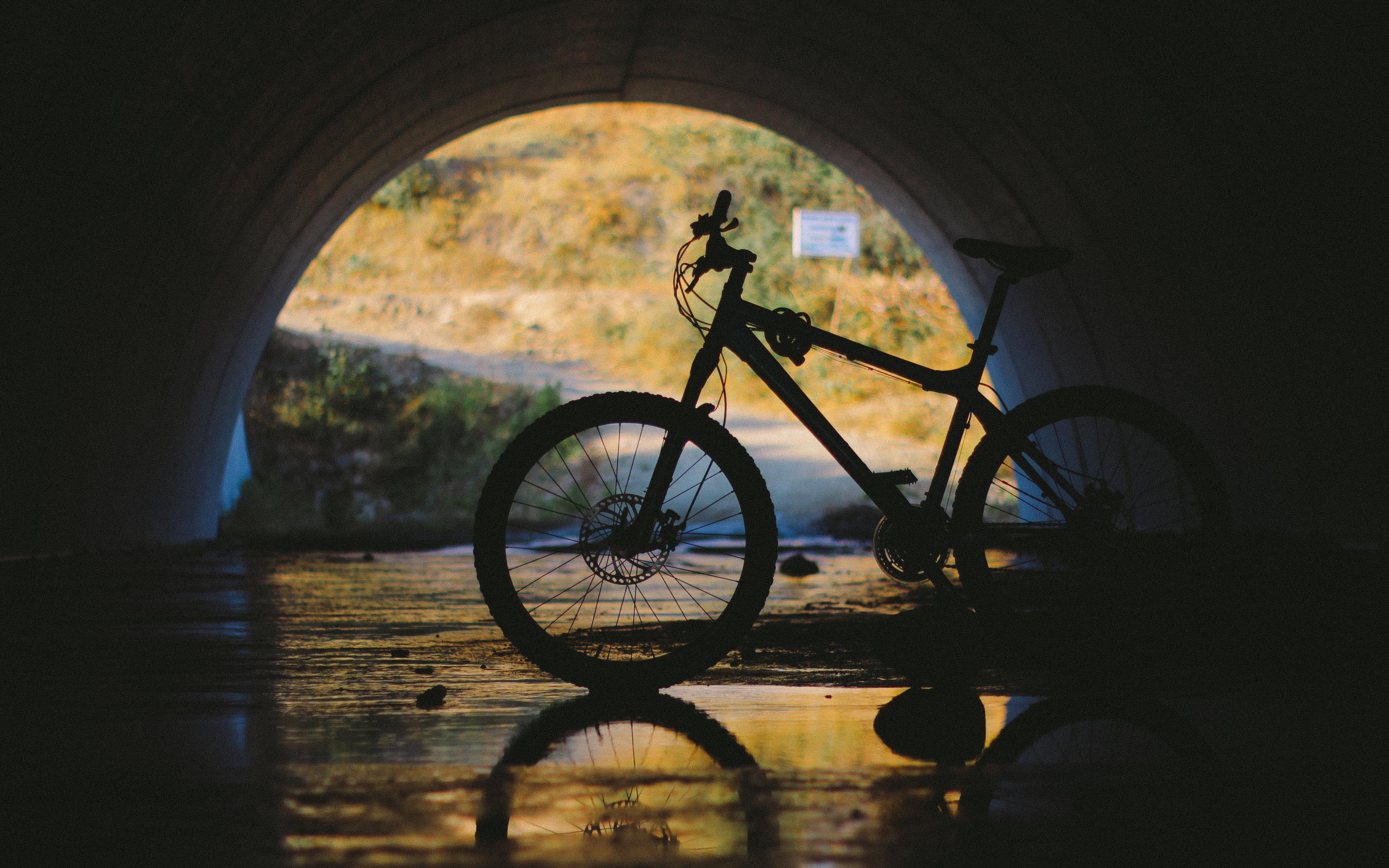 bicycle, water, reflection, dark, tunnel, underground