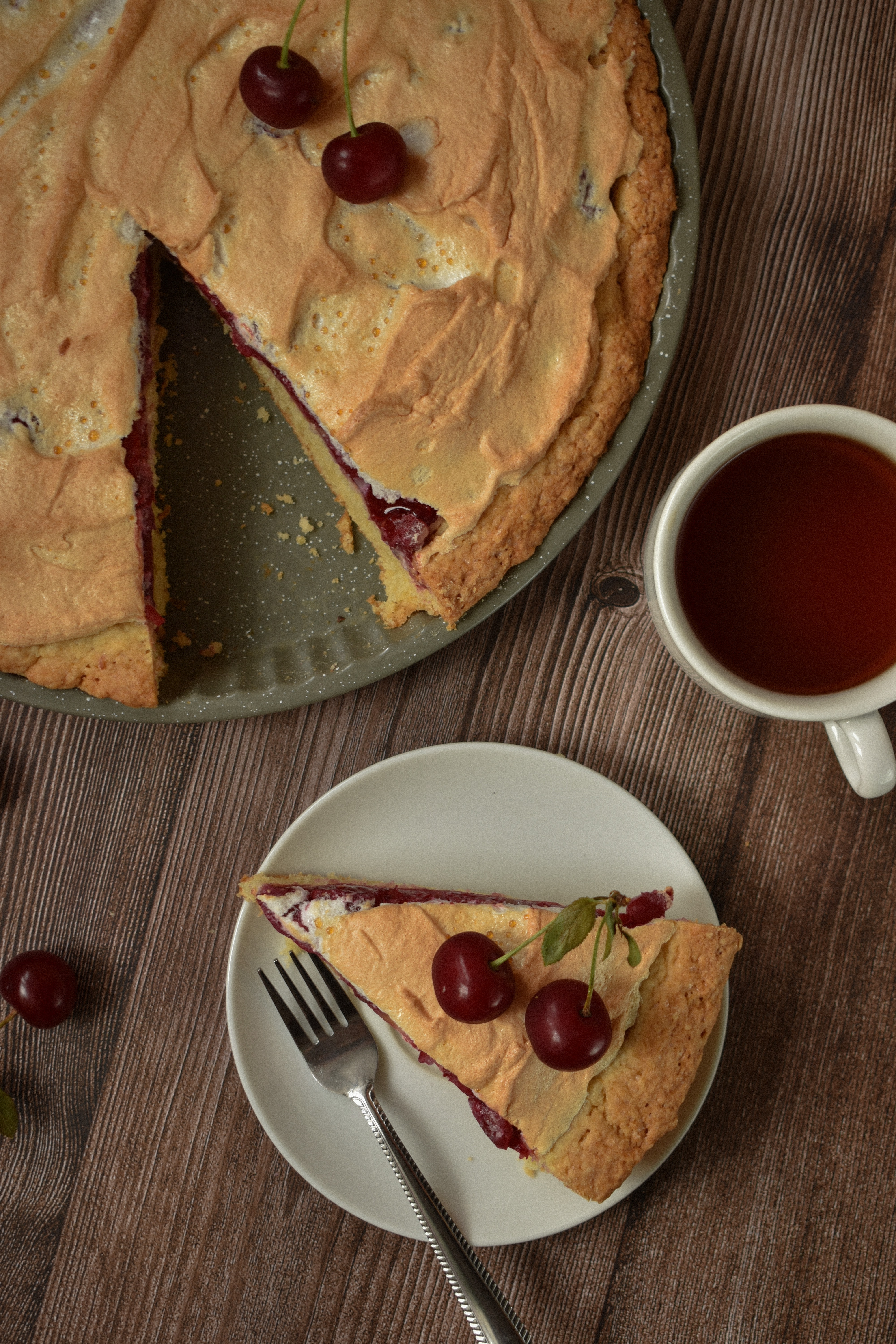 bakery products, cherry, tea, pie Square Wallpapers