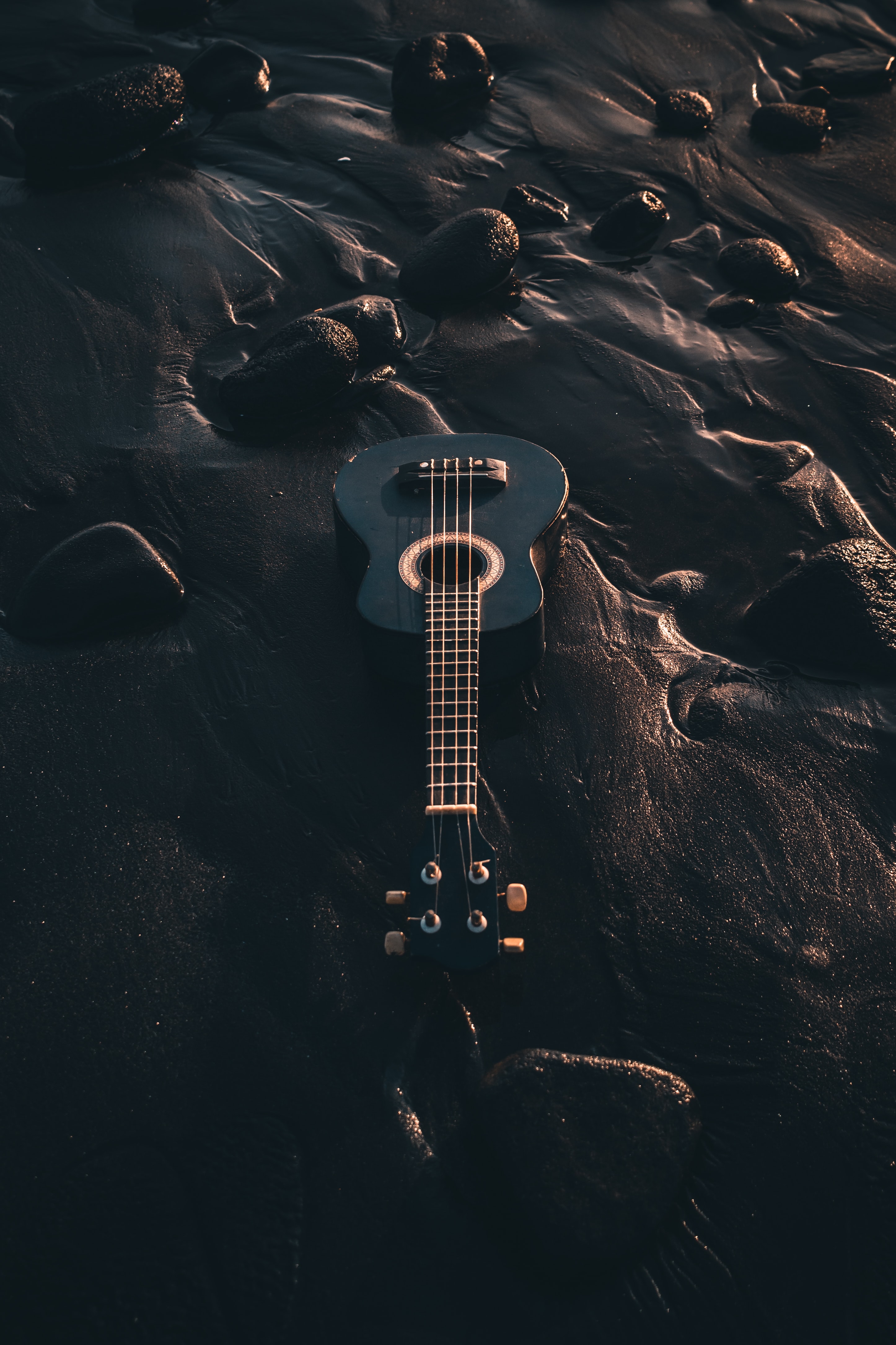 music, black, guitar, beach, musical instrument, ukulele 1080p