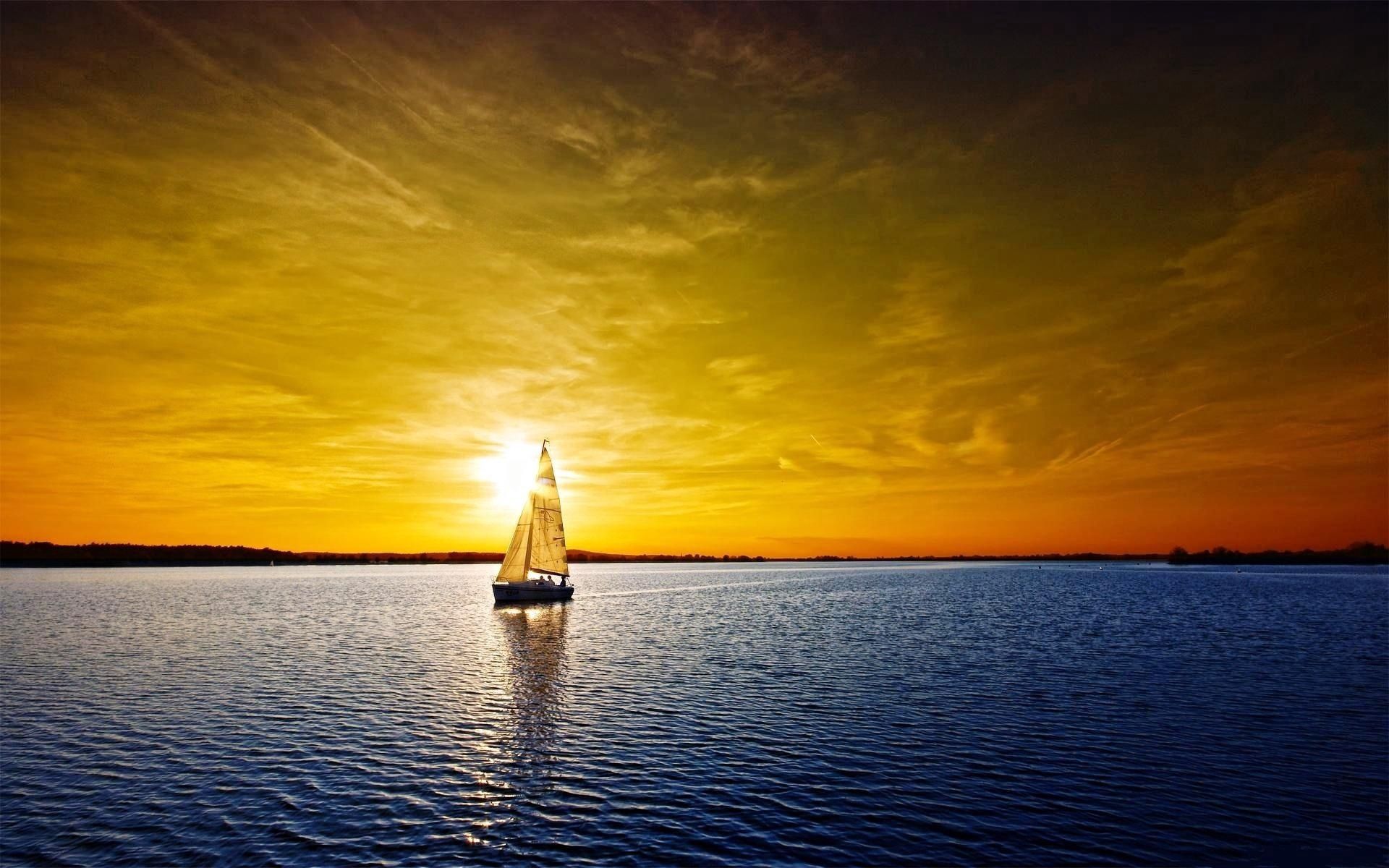 sailboat, sunset, lonely, sea, nature, orange, sailfish, alone