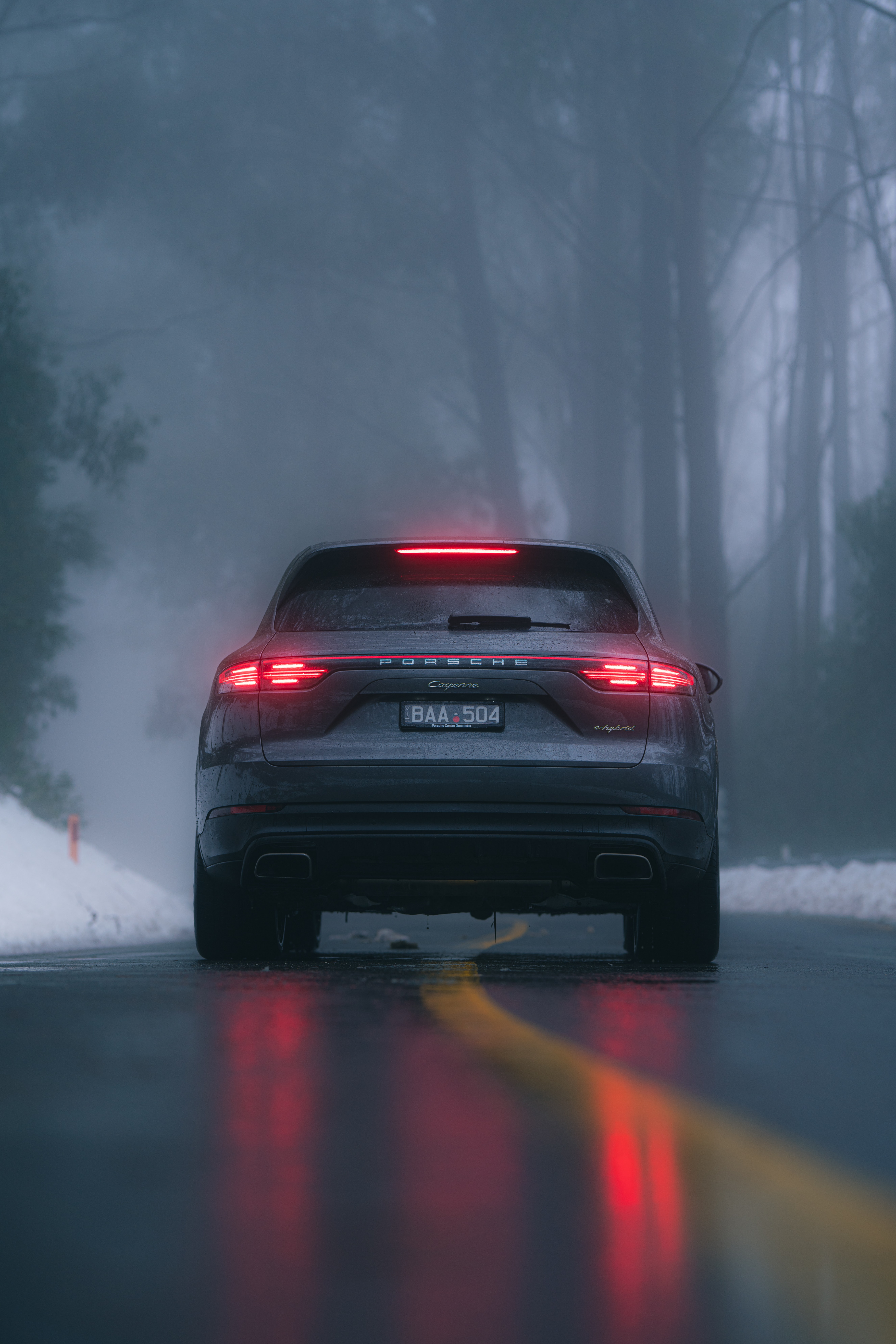 Back View grey, road, cars, fog 4k Wallpaper