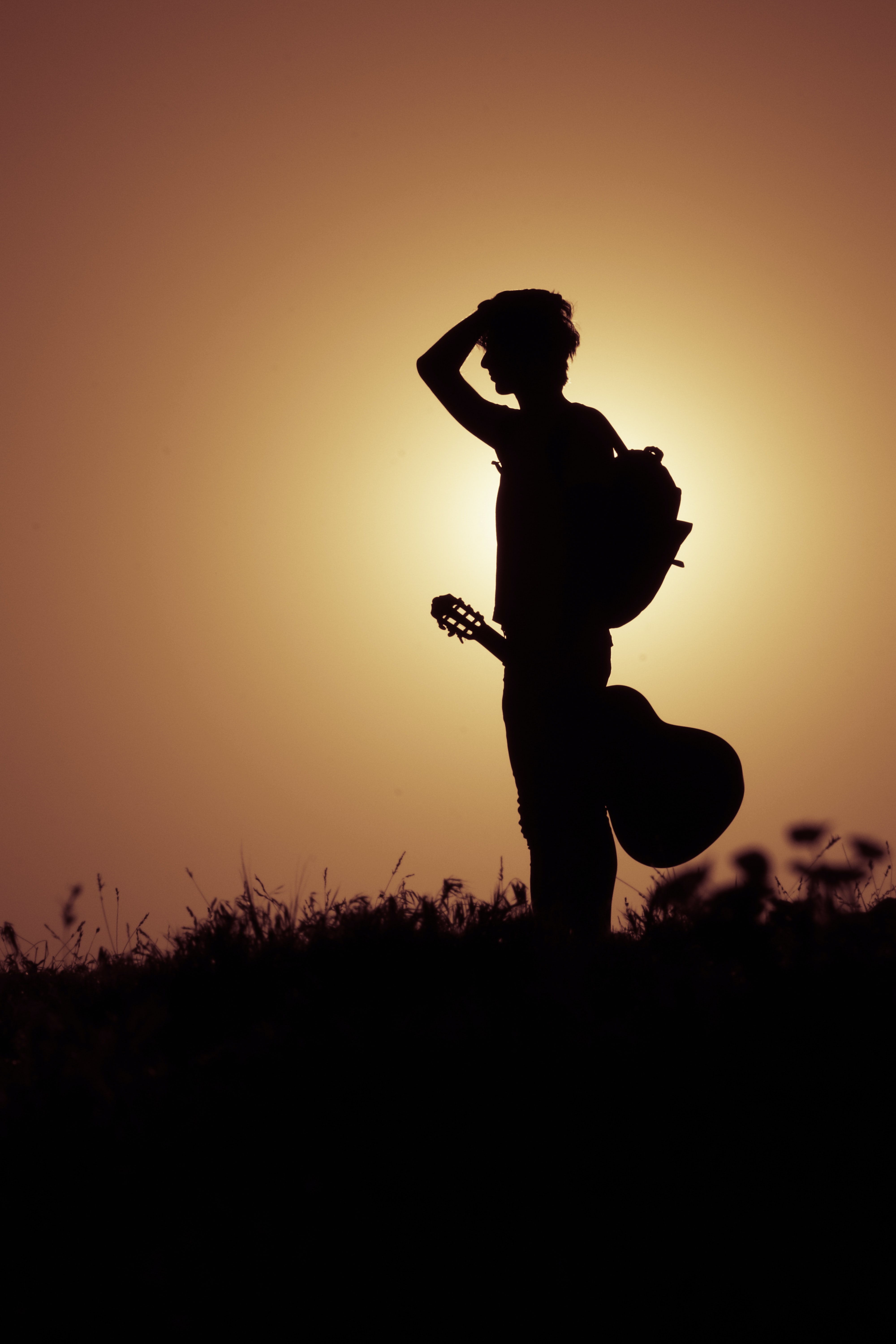guitar, musician, musical instrument, sunset, silhouette, miscellanea, miscellaneous High Definition image