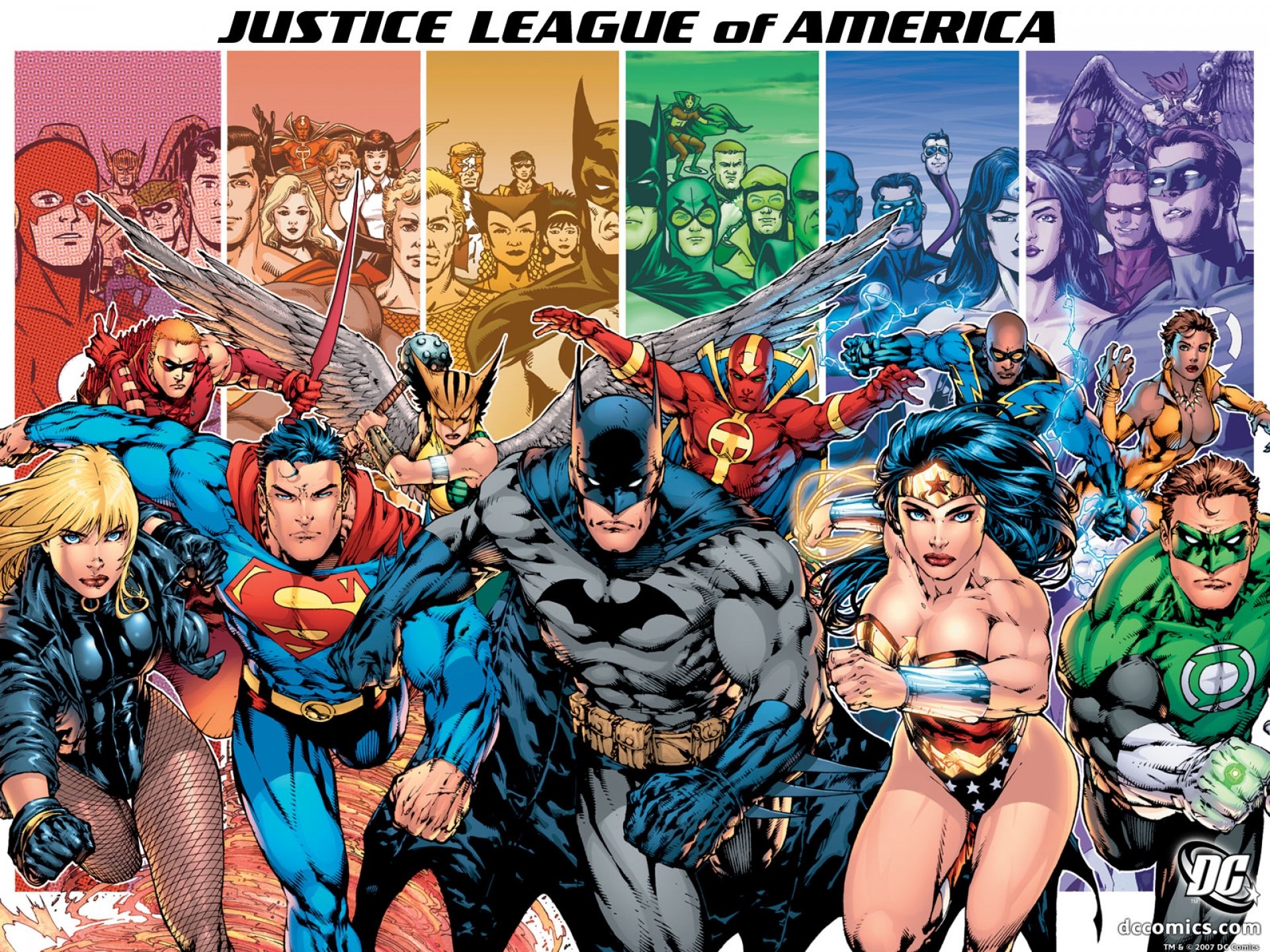 batman, comics, justice league of america, aquaman, black canary, black lightning, blonde, blue beetle (dc comics), booster gold, bracelet, cape, dc comics, elongated man, fishnet, flash, glove, green arrow, green lantern, hawkgirl (dc comics), hawkman (dc comics), helmet, jacket, justice league, kendra sanders, kyle rayner, martian manhunter, mask, mister miracle, plastic man, red arrow, red tornado, roy harper, superman, ted kord, vixen (dc comics), wonder woman