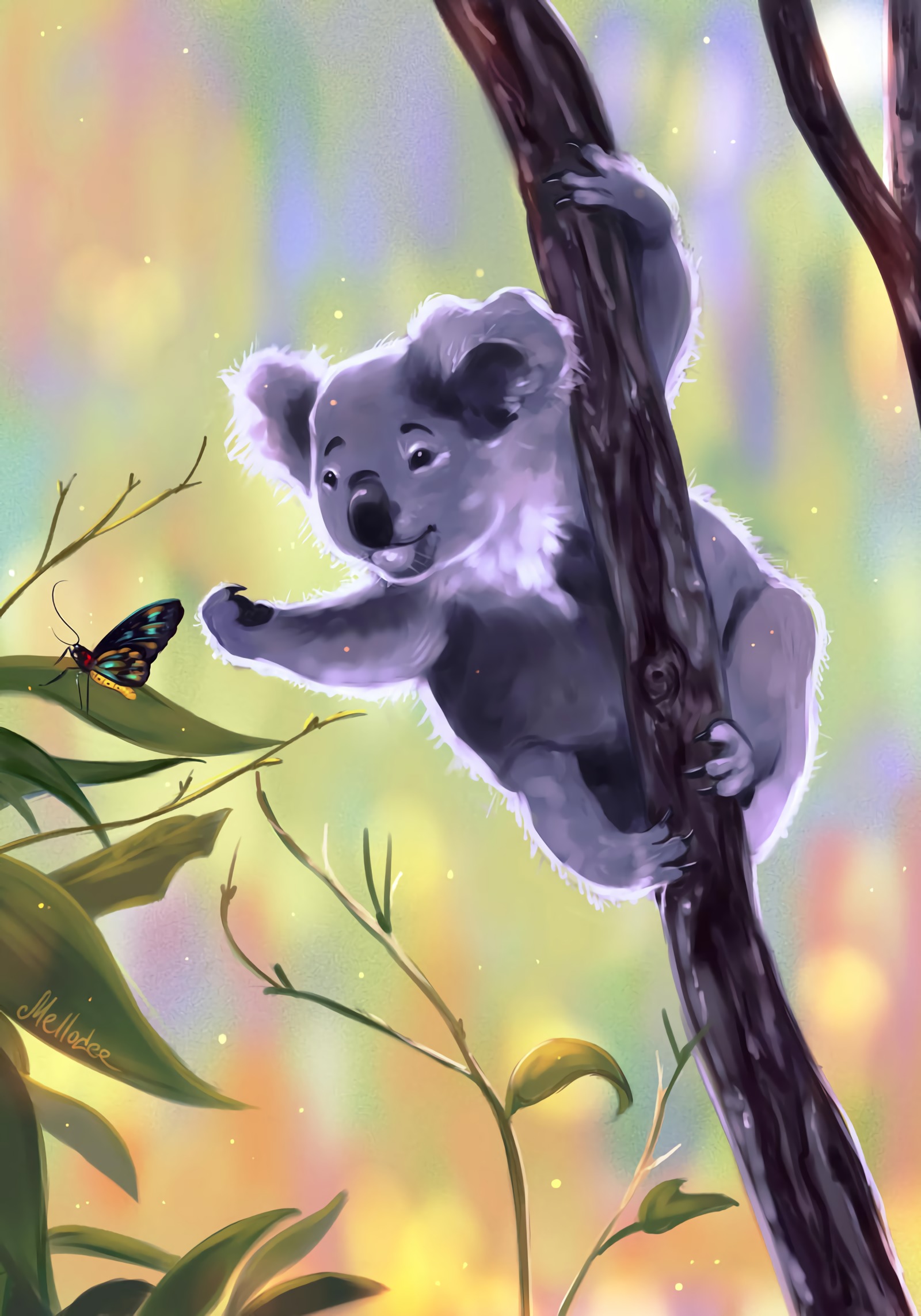 114356 Hintergrundbild herunterladen kunst, geäst, zweige, schmetterling, berühren, koala - Bildschirmschoner und Bilder kostenlos