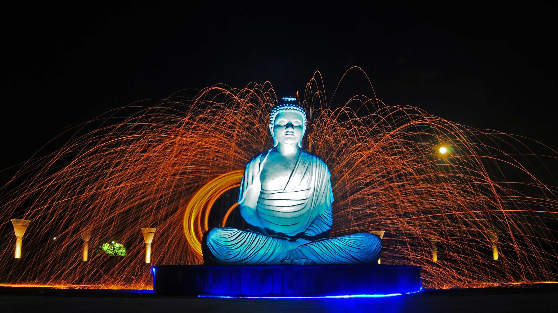 garden of silence, statue, fireworks, india, religious, buddha, night