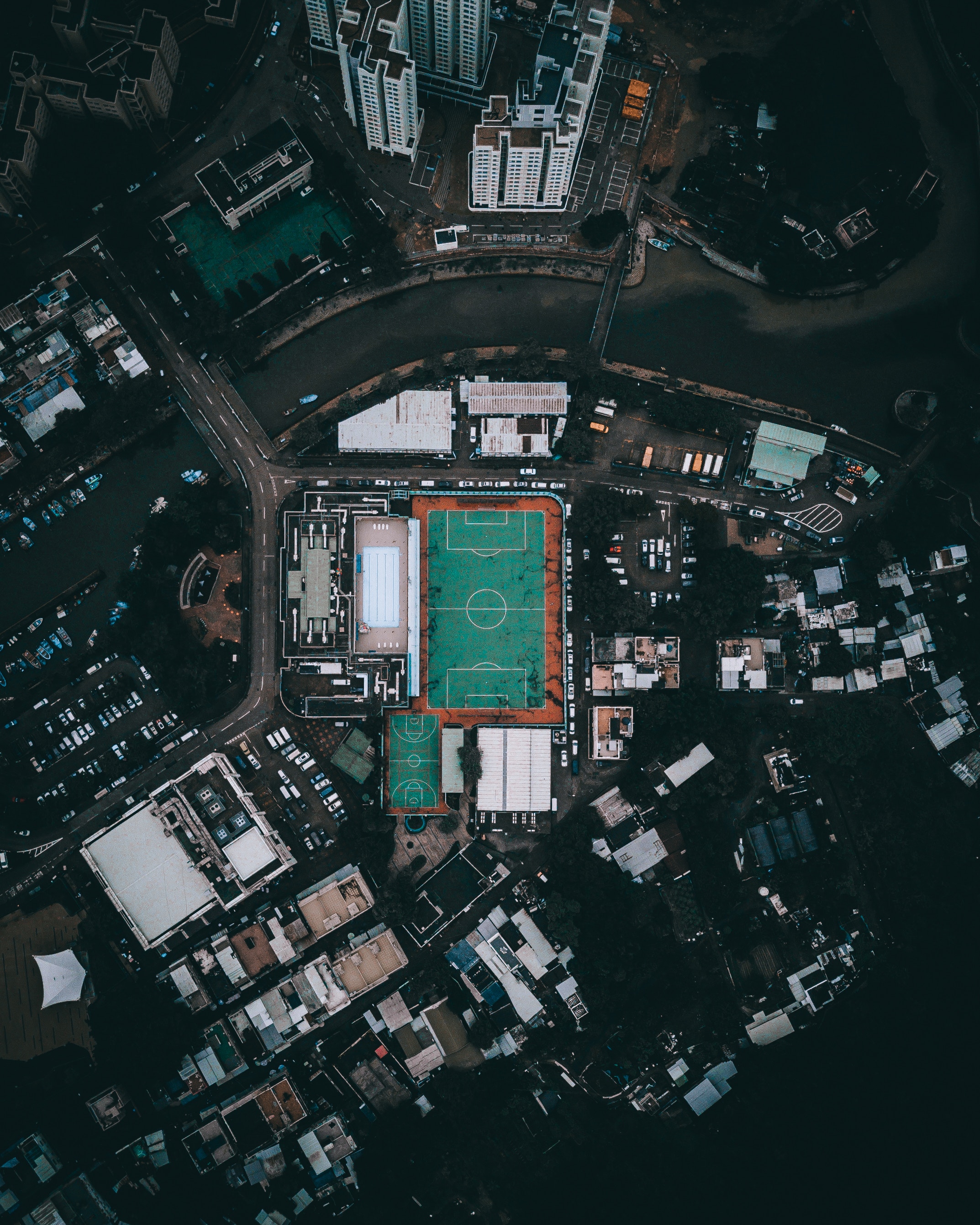 cities, architecture, city, view from above, panorama, roof, parking, roofs, district, stadium