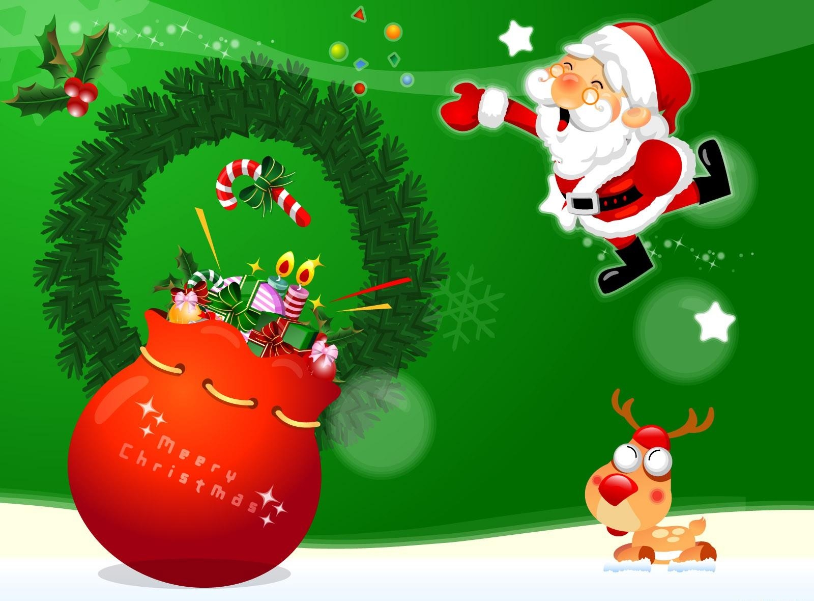 54288 Hintergrundbild herunterladen feiertage, weihnachtsmann, hirsch, tasche, kranz, sack, die geschenke, geschenke - Bildschirmschoner und Bilder kostenlos