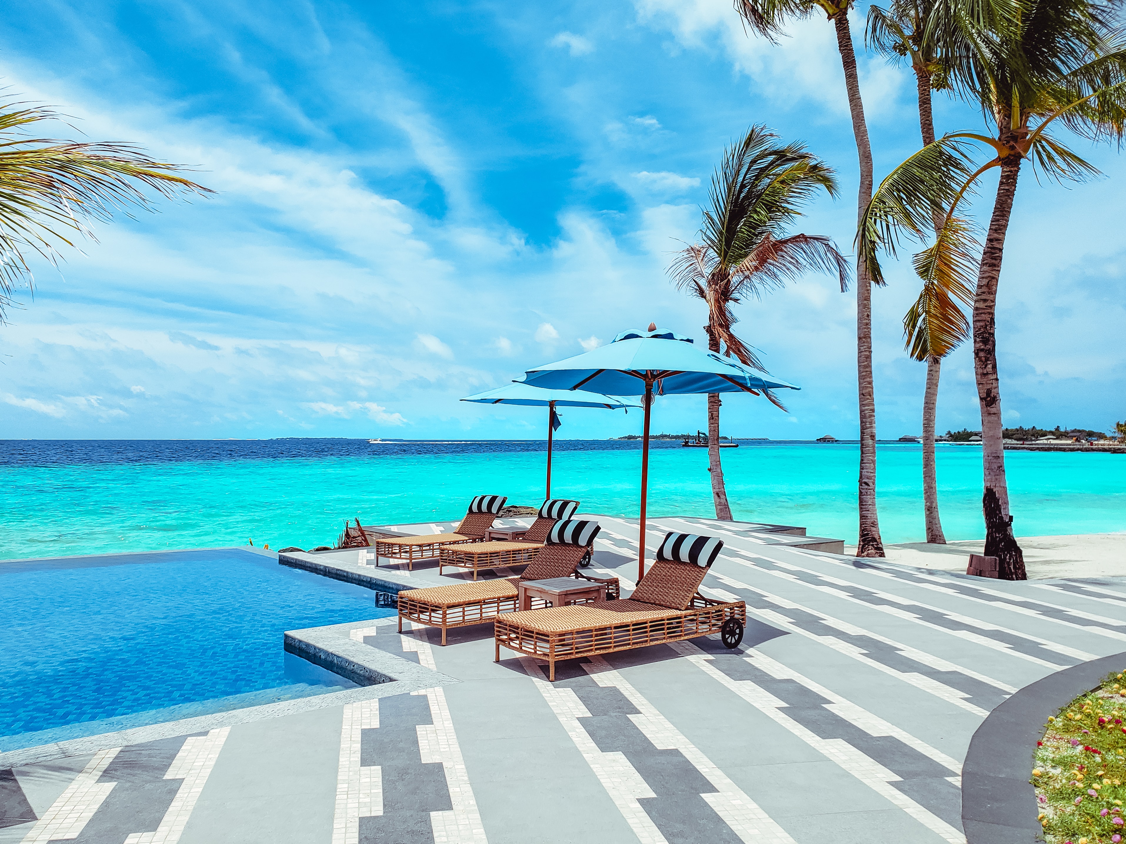 sun lounger, palms, miscellanea, miscellaneous, ocean, relaxation, rest, deck chair, umbrella High Definition image