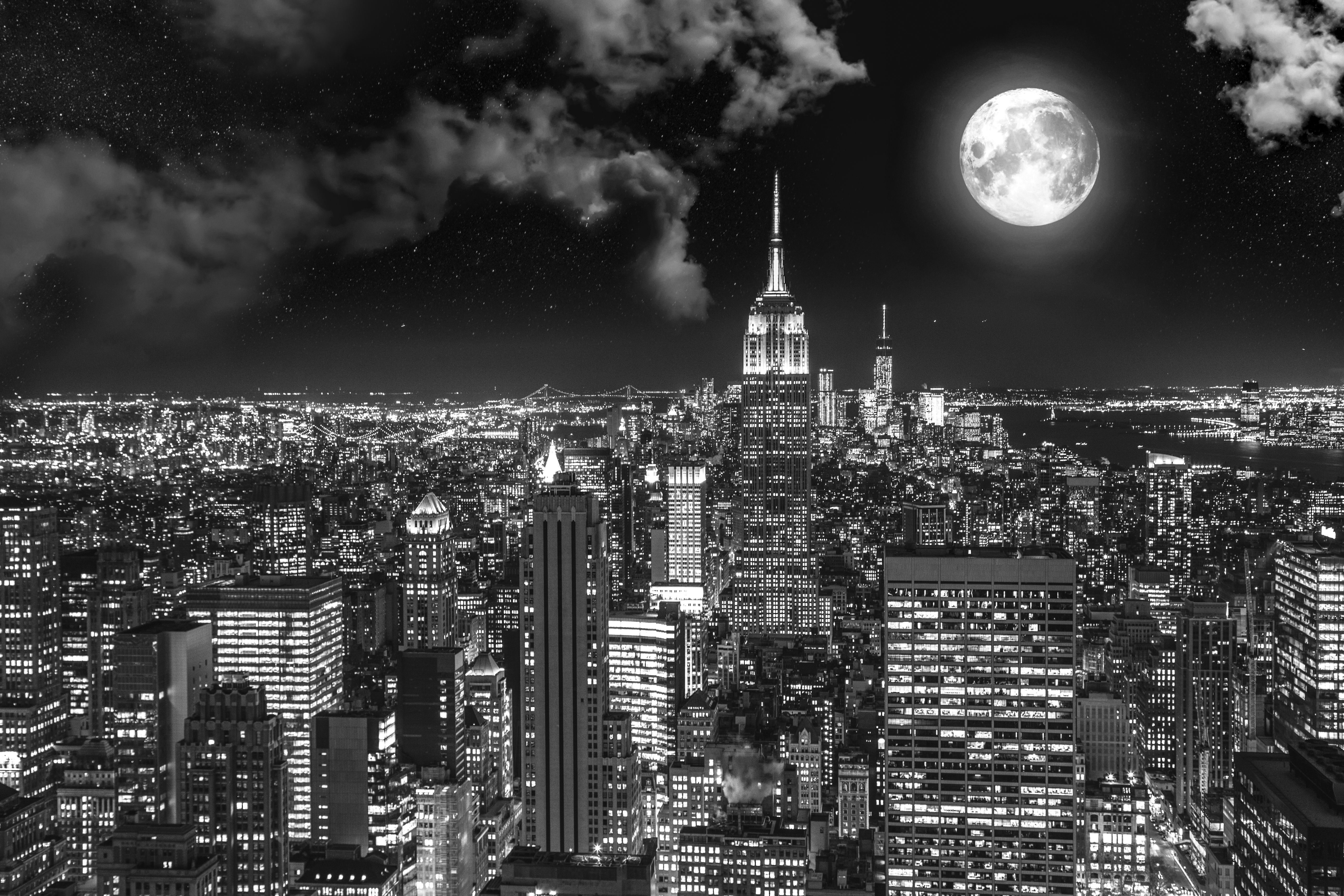 117287 Bildschirmschoner und Hintergrundbilder New York auf Ihrem Telefon. Laden Sie new york, städte, usa, nächtliche stadt, night city, bw, chb, vollmond Bilder kostenlos herunter