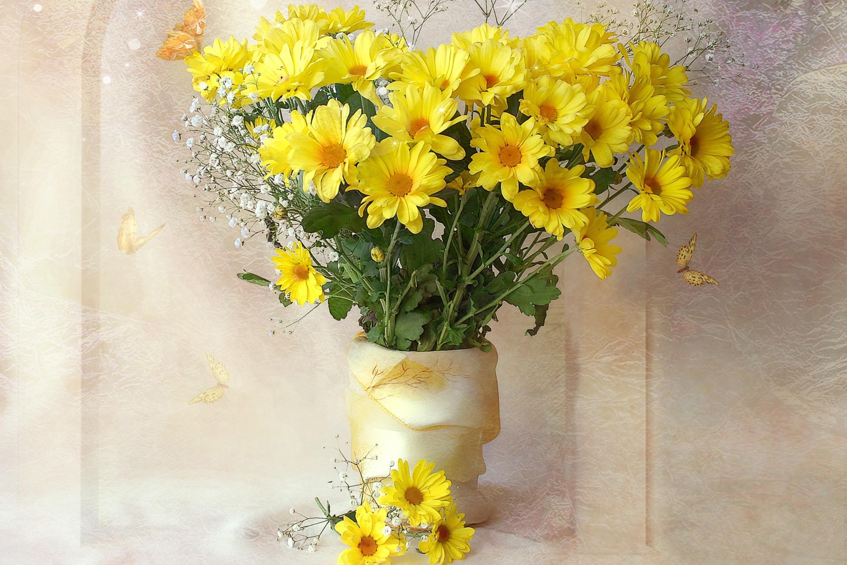 yellow, bouquet, flowers, chrysanthemum, gypsophilus, gipsophile, vase 2160p