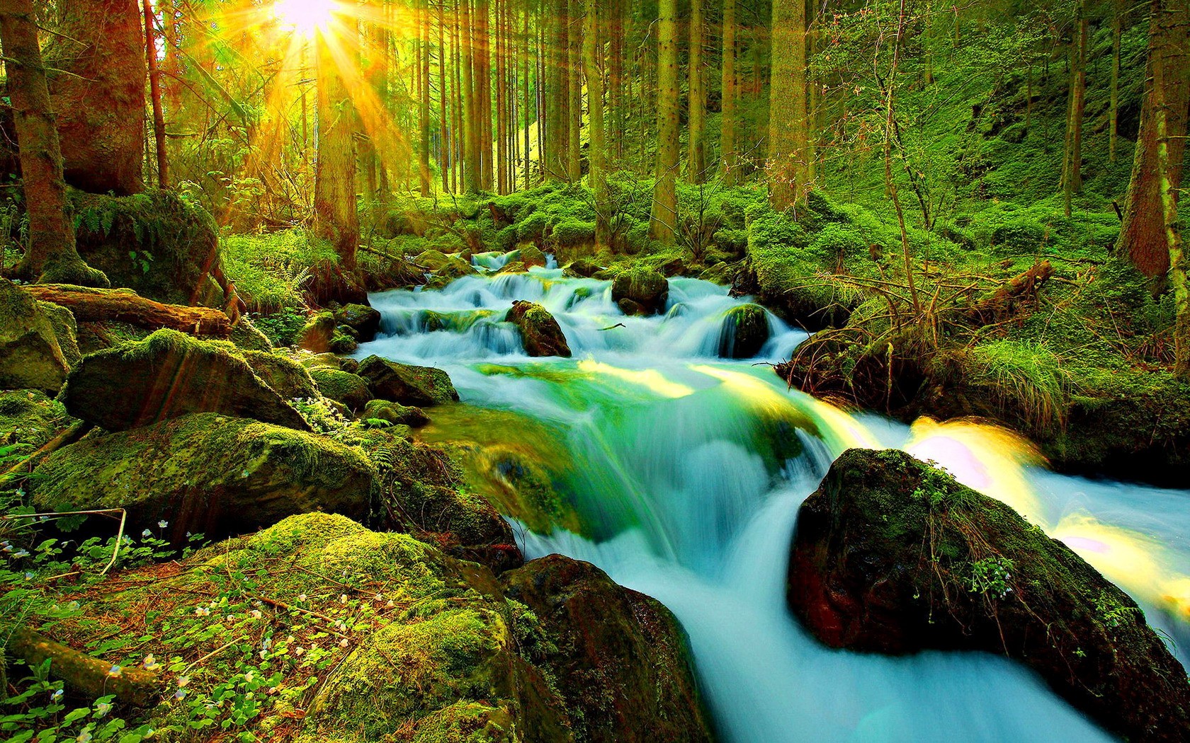 HD desktop wallpaper: Sun, Waterfall, Forest, Earth, Stream, Sunshine  download free picture #741564