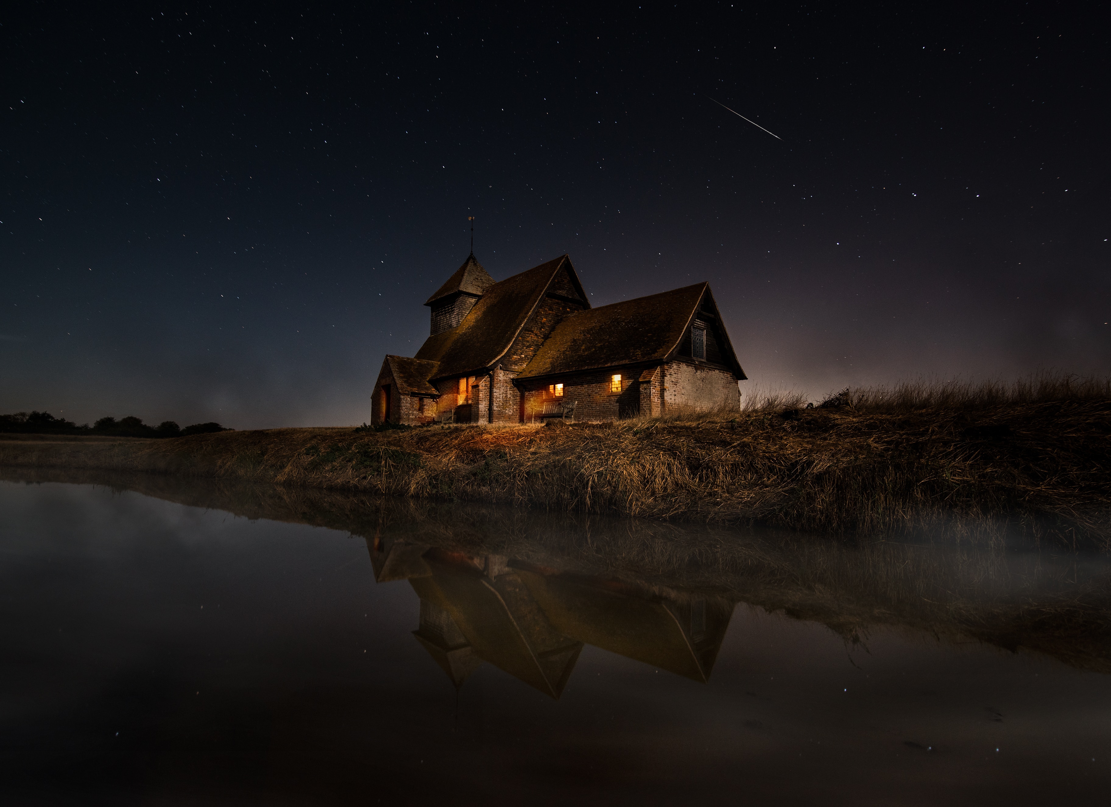Download mobile wallpaper Dark, Rivers, Night, Shore, Bank, House for free.